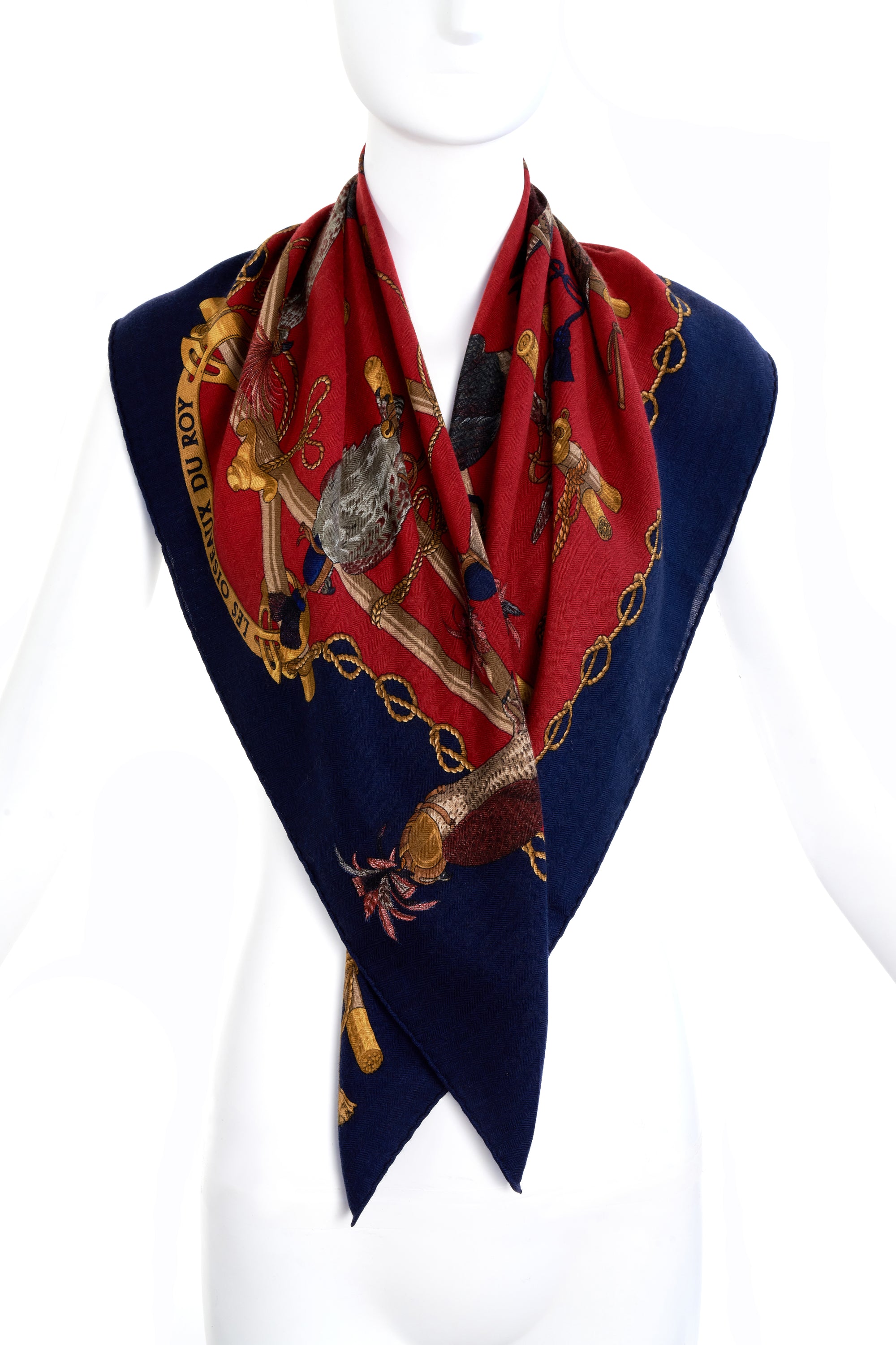 Hermes Navy and Red "Les Olseaux Du Roy" Scarf 100cm Scarf