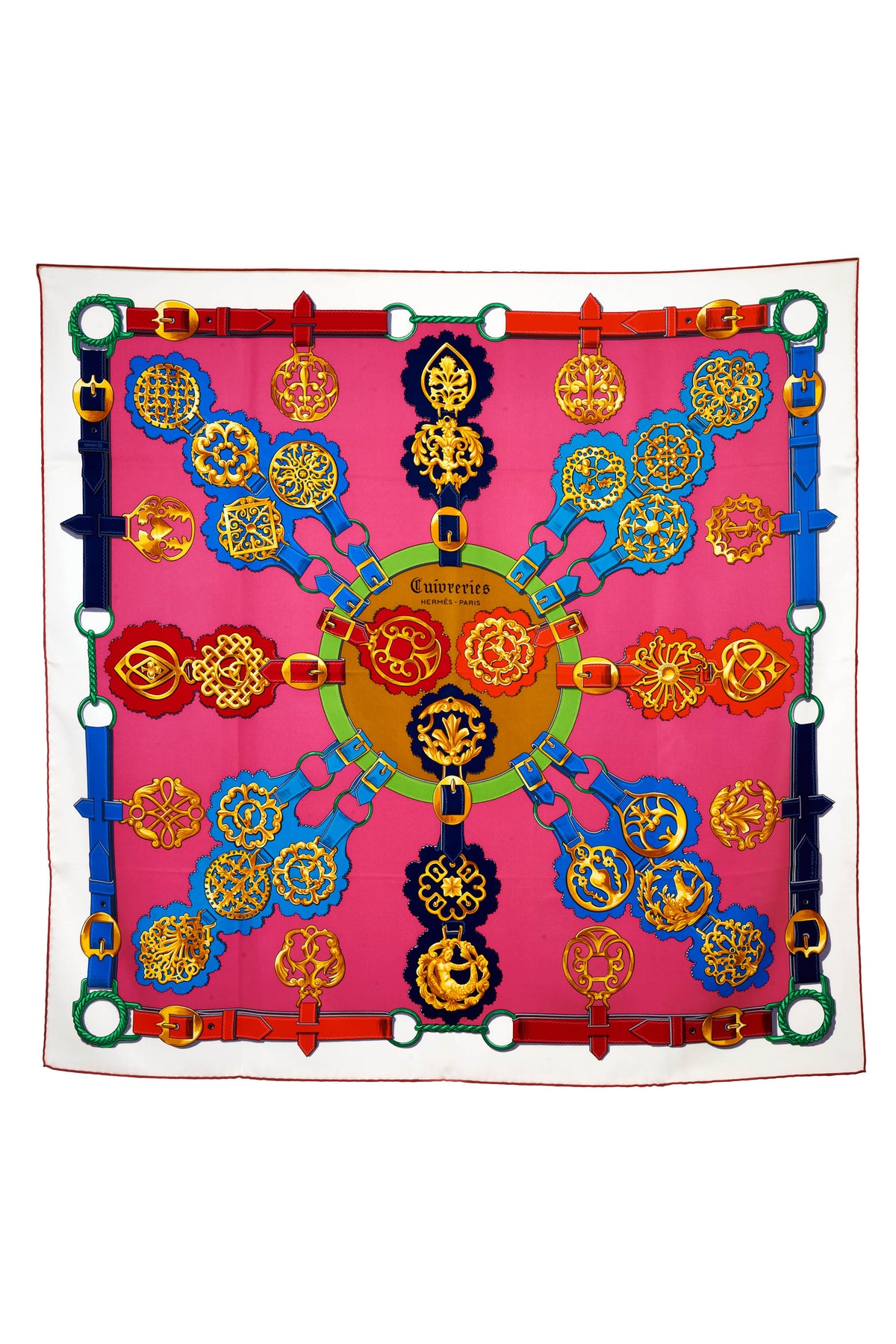 Hermes &quot;Cuiveries Print Pink and Red Silk Scarf 90cm