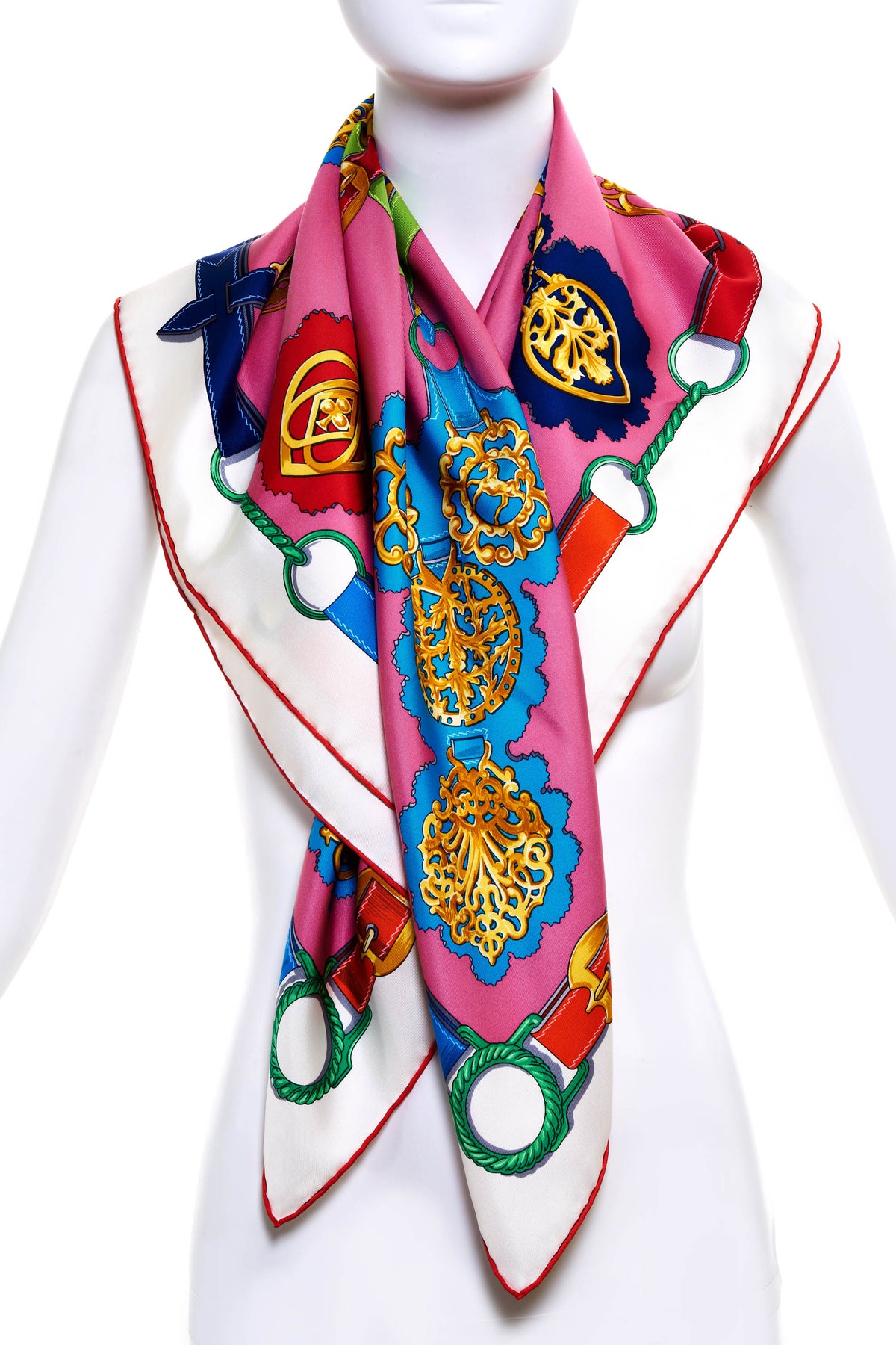 Hermes &quot;Cuiveries Print Pink and Red Silk Scarf 90cm