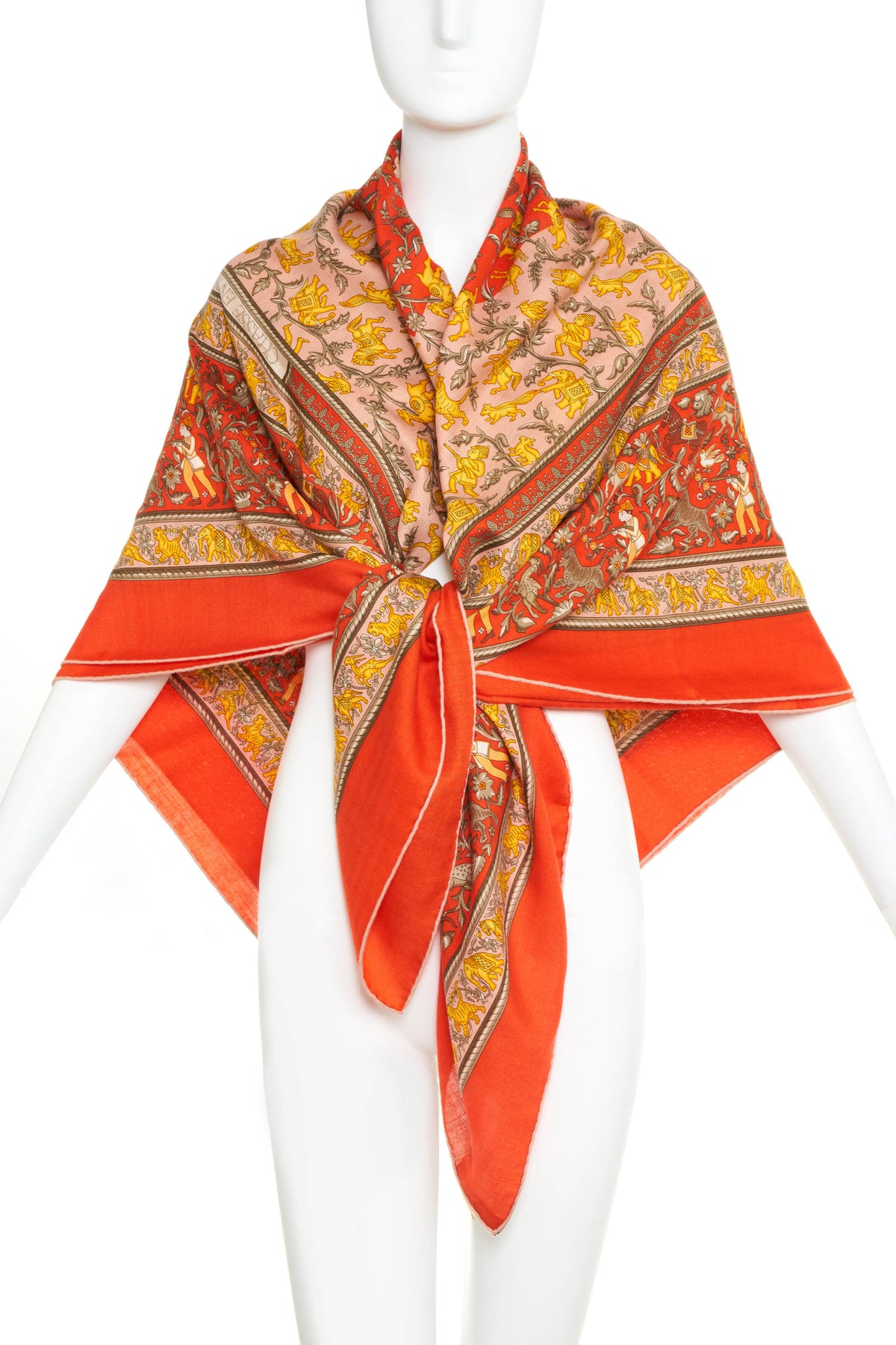 Hermes &quot;Chase en Indes&quot; Orange and Yellow Silk Scarf 140cm