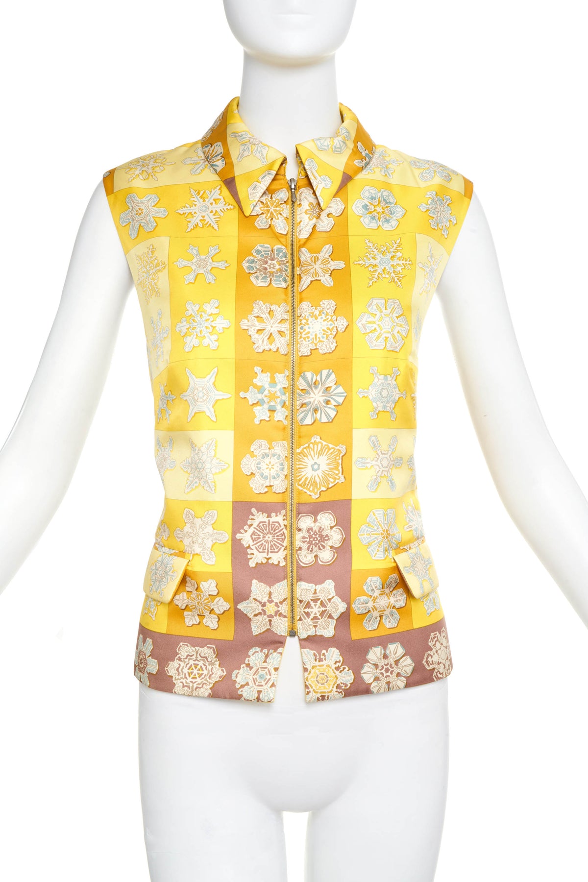 Hermes Margiela Yellow Silk Snowflake Print puffer Vest Size 42