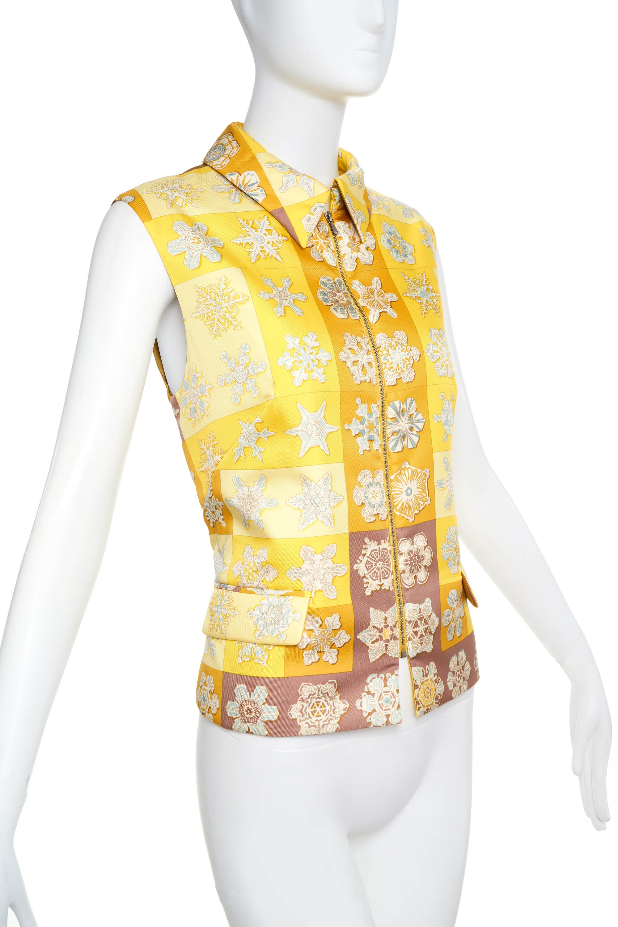 Hermes Margiela Yellow Silk Snowflake Print puffer Vest Size 42