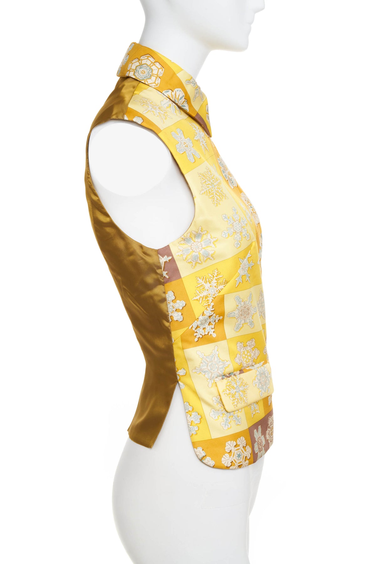 Hermes Margiela Yellow Silk Snowflake Print puffer Vest Size 42