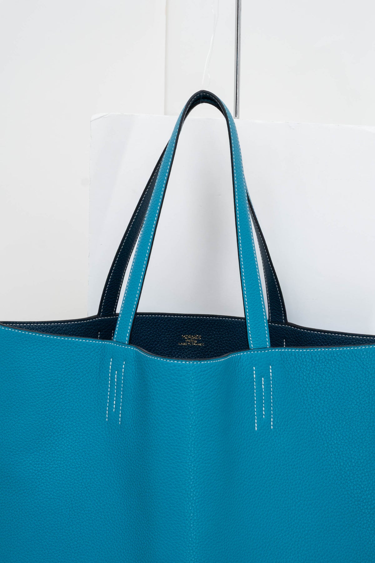Hermes Turquoise Clemence Reversible Double Sens Tote Purse Size 45