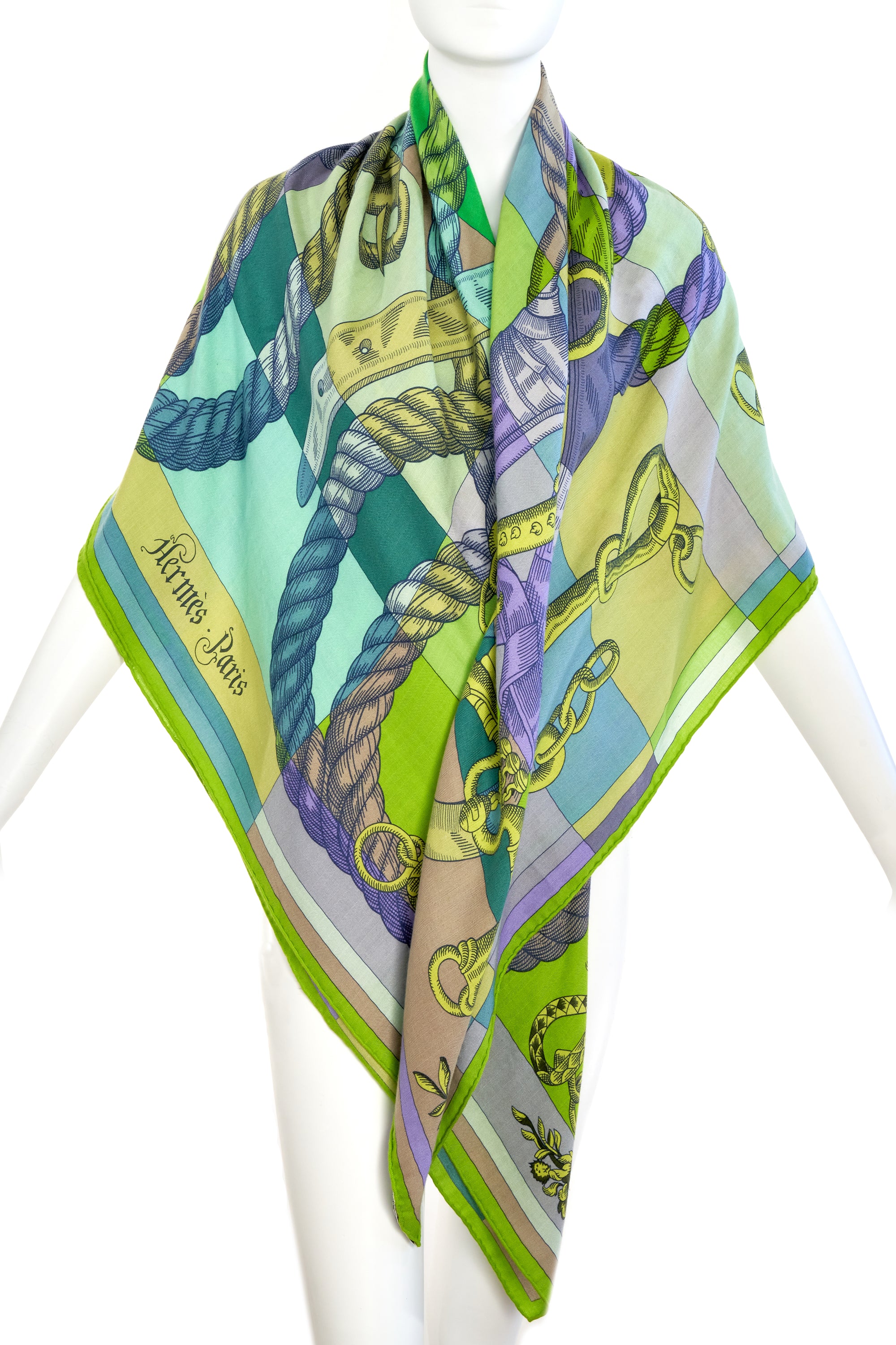 Hermes Green and Blue Della Cavalleria Shawl 140cm