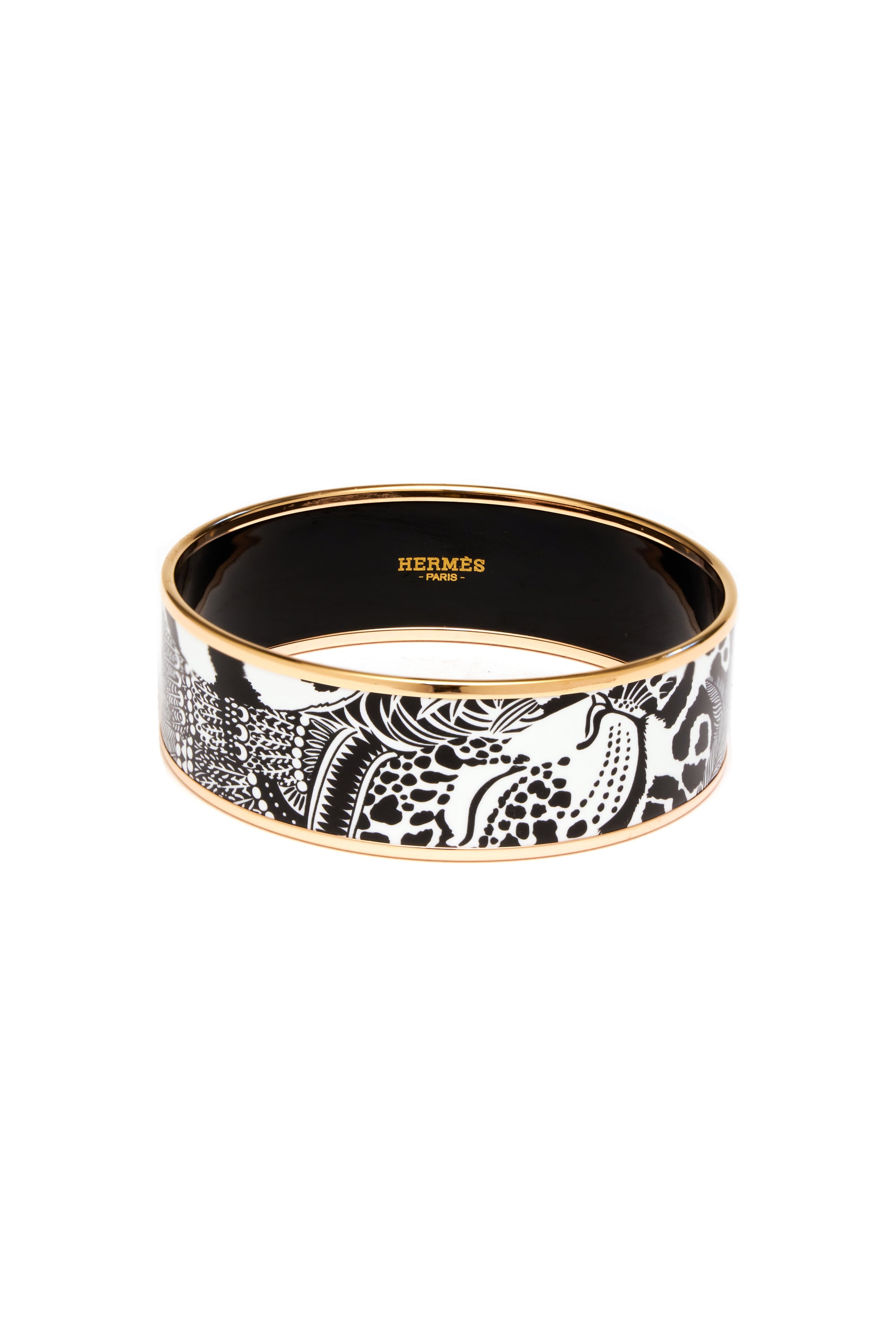 Hermes Black and White "Feline Tattoo" Enamel Bangle Rose Gold Edge