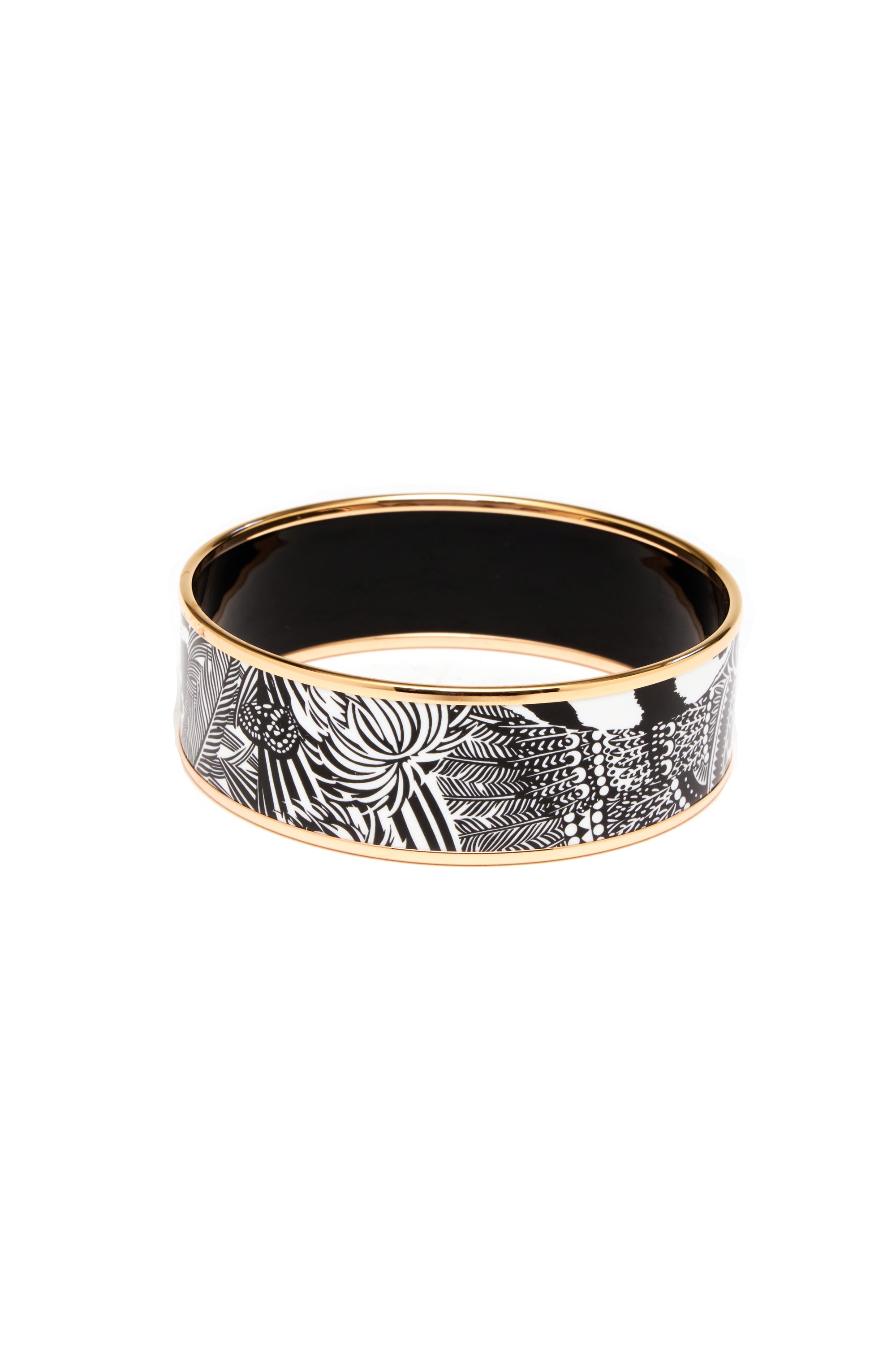 Hermes Black and White "Feline Tattoo" Enamel Bangle Rose Gold Edge