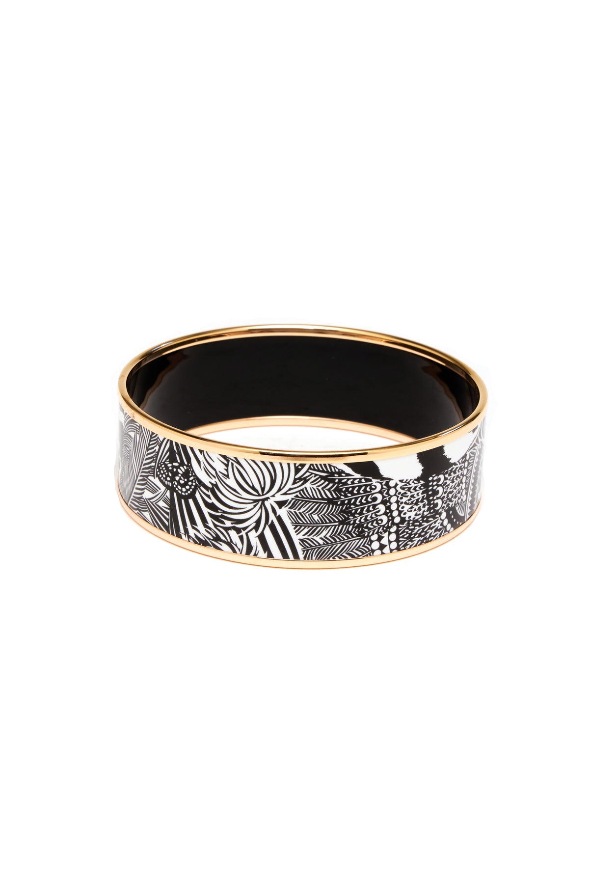 Hermes Black and White &quot;Feline Tattoo&quot; Enamel Bangle Rose Gold Edge