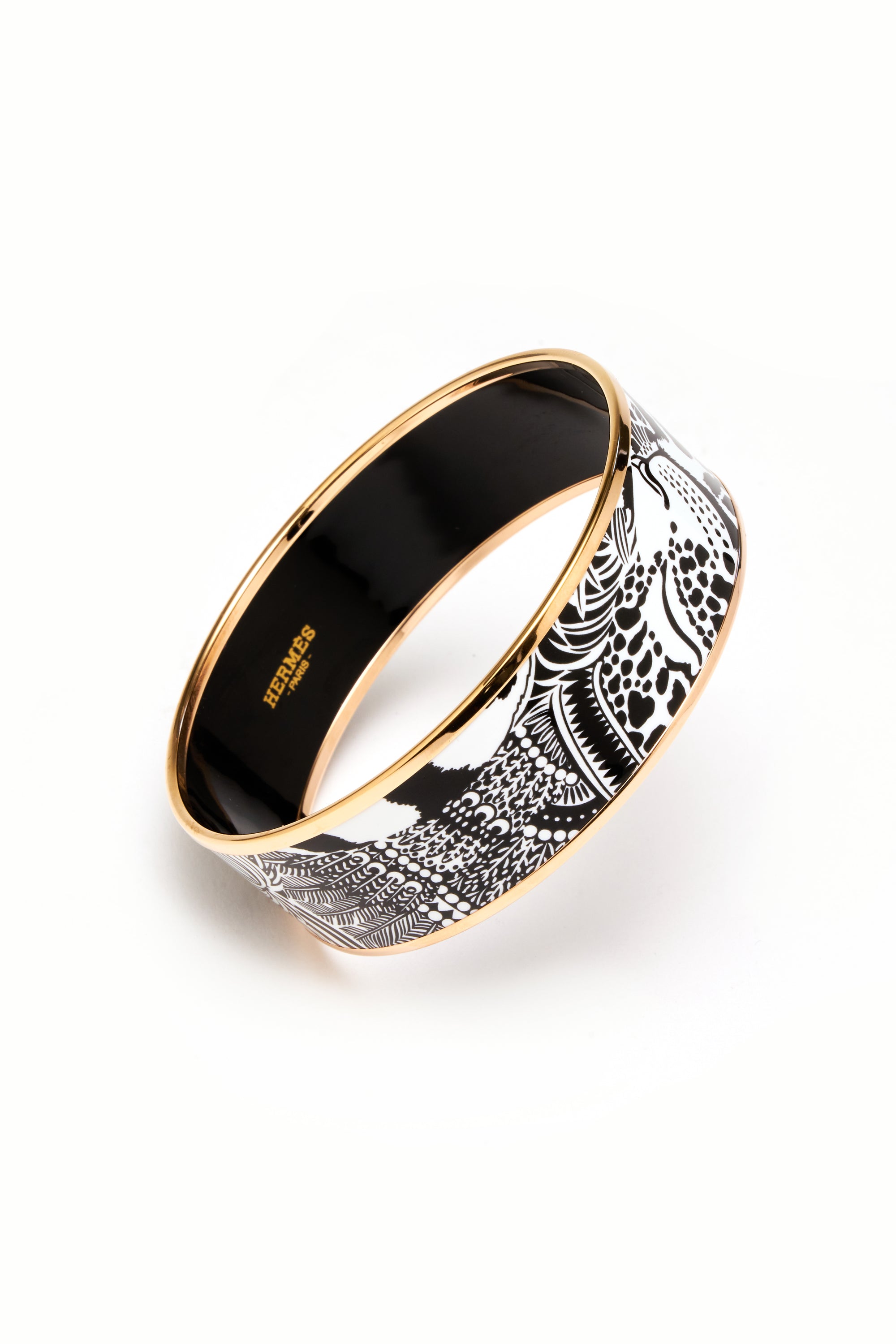 Hermes Black and White "Feline Tattoo" Enamel Bangle Rose Gold Edge