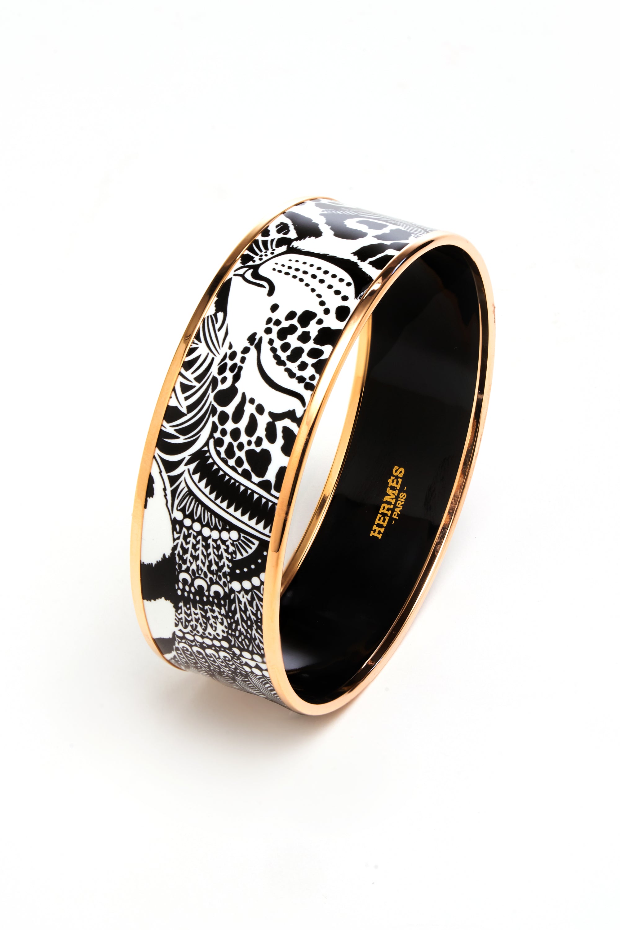 Hermes Black and White "Feline Tattoo" Enamel Bangle Rose Gold Edge