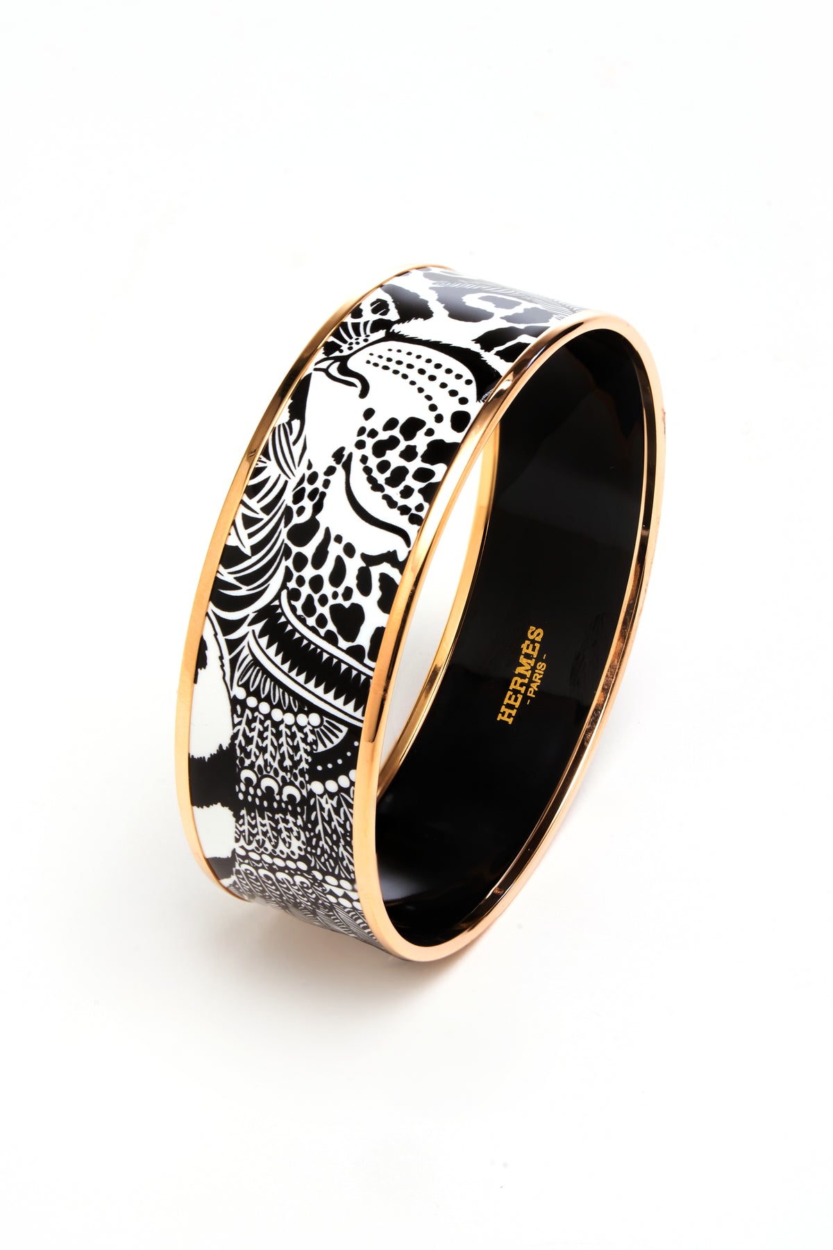 Hermes Black and White &quot;Feline Tattoo&quot; Enamel Bangle Rose Gold Edge