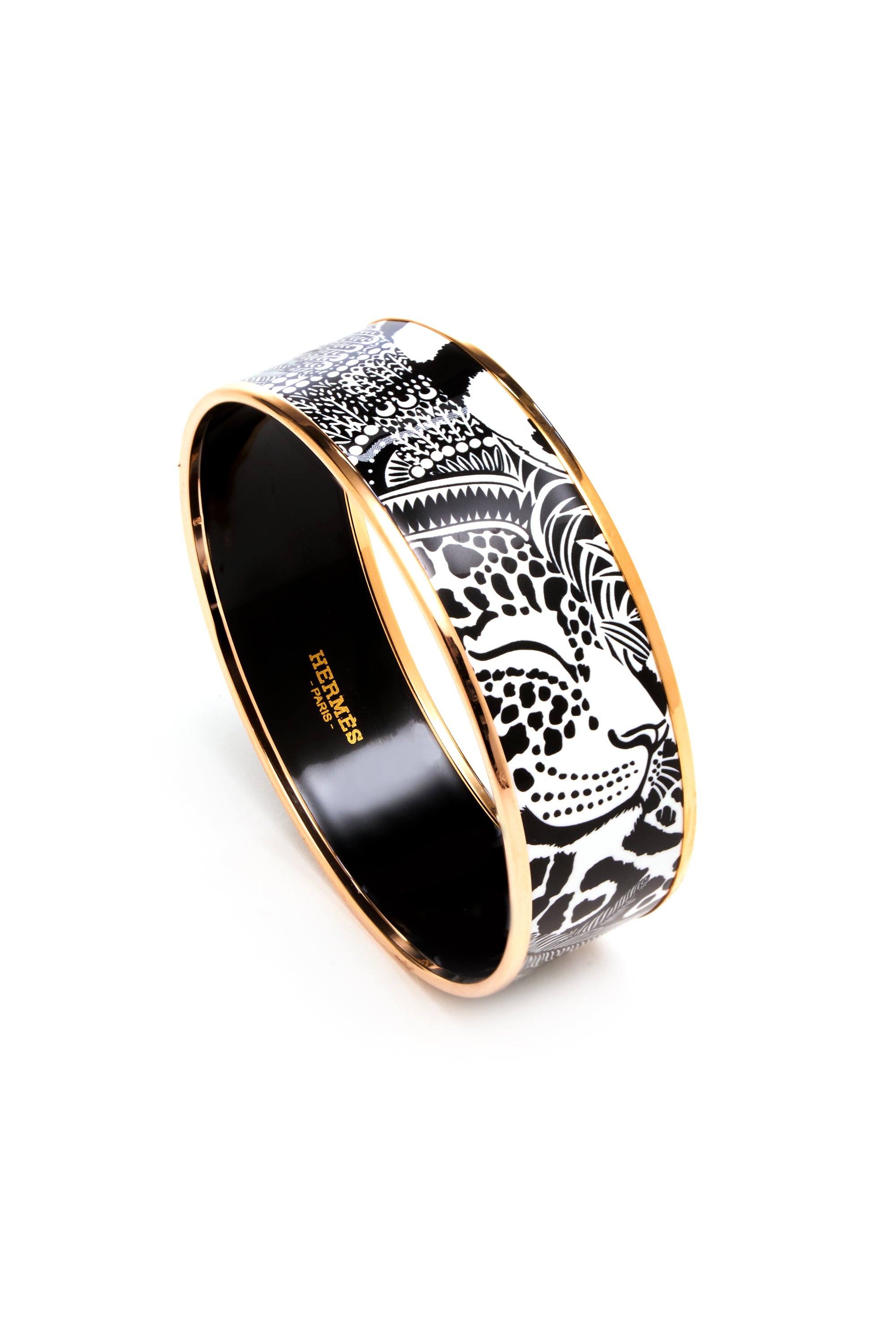 Hermes Black and White "Feline Tattoo" Enamel Bangle Rose Gold Edge