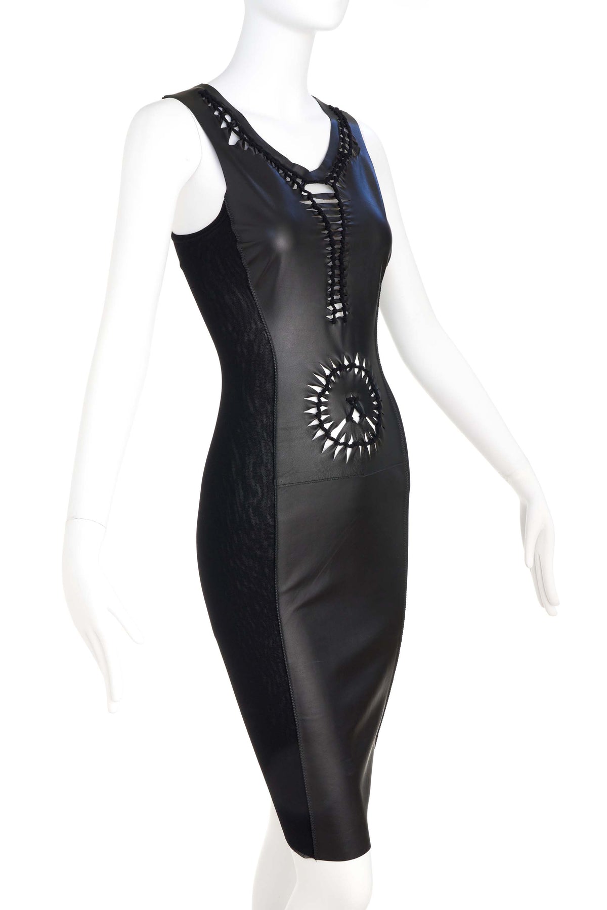 Jean Paul Gaultier Soleil Black Mesh and Leather Dress Size S