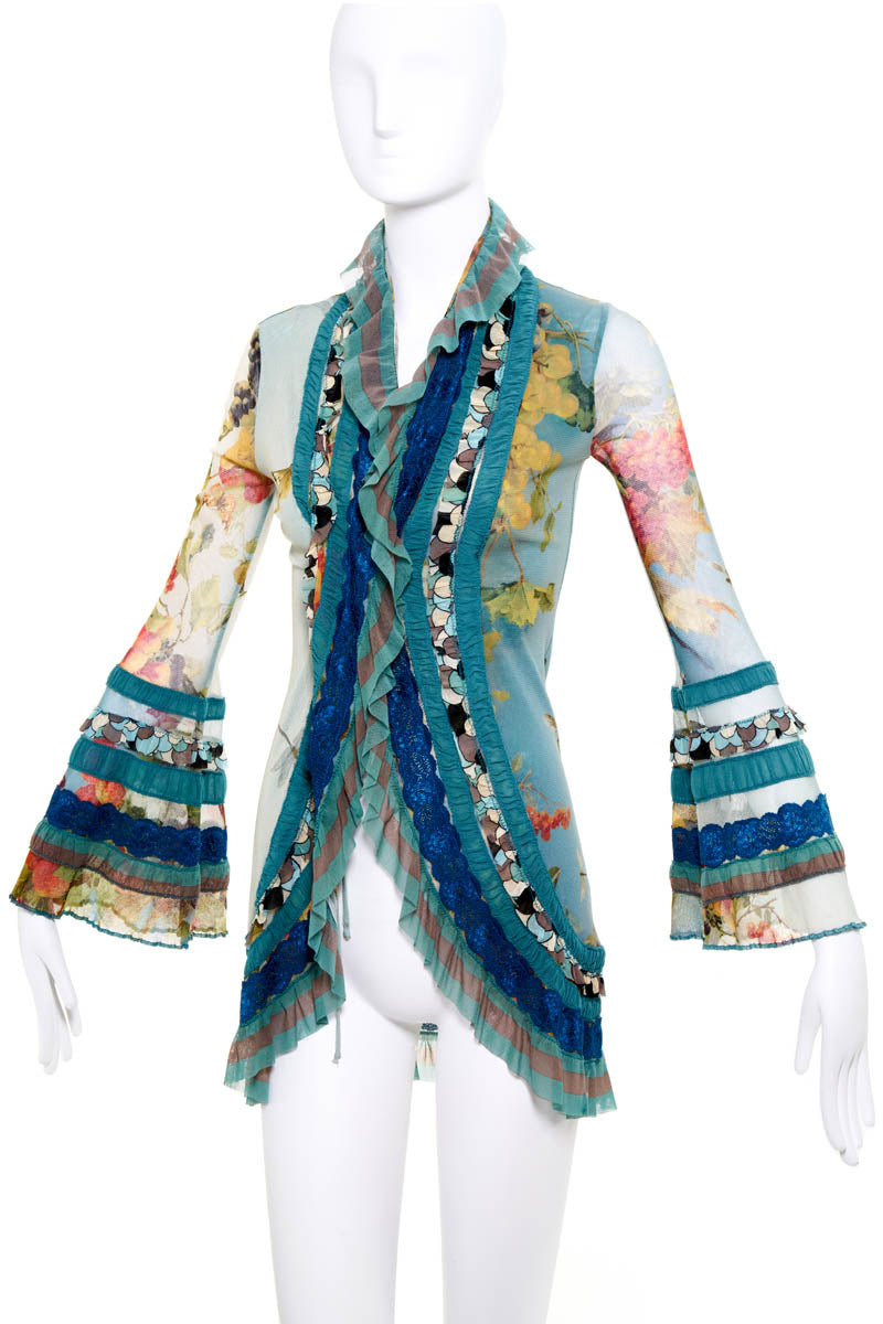 Jean Paul Gaultier  Soleil Runway Blue Butterflu Print Fuzzi Knit Ruffle Trim