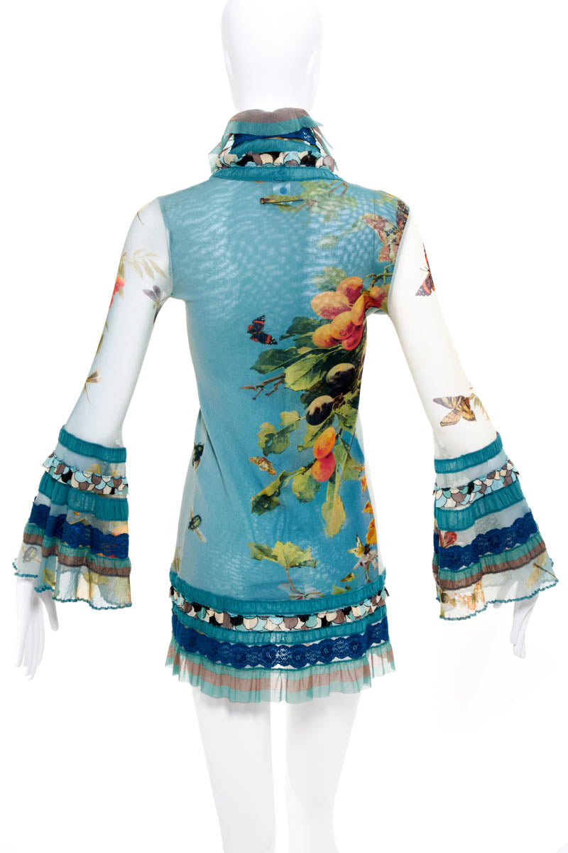 Jean Paul Gaultier  Soleil Runway Blue Butterflu Print Fuzzi Knit Ruffle Trim