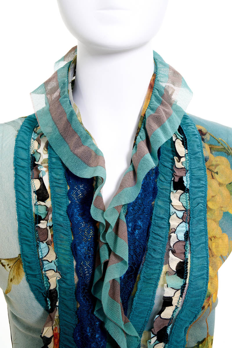 Jean Paul Gaultier  Soleil Runway Blue Butterflu Print Fuzzi Knit Ruffle Trim