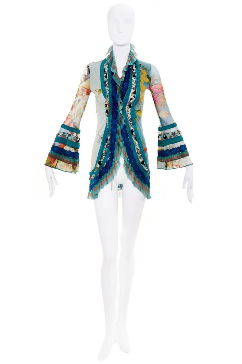 Jean Paul Gaultier  Soleil Runway Blue Butterflu Print Fuzzi Knit Ruffle Trim