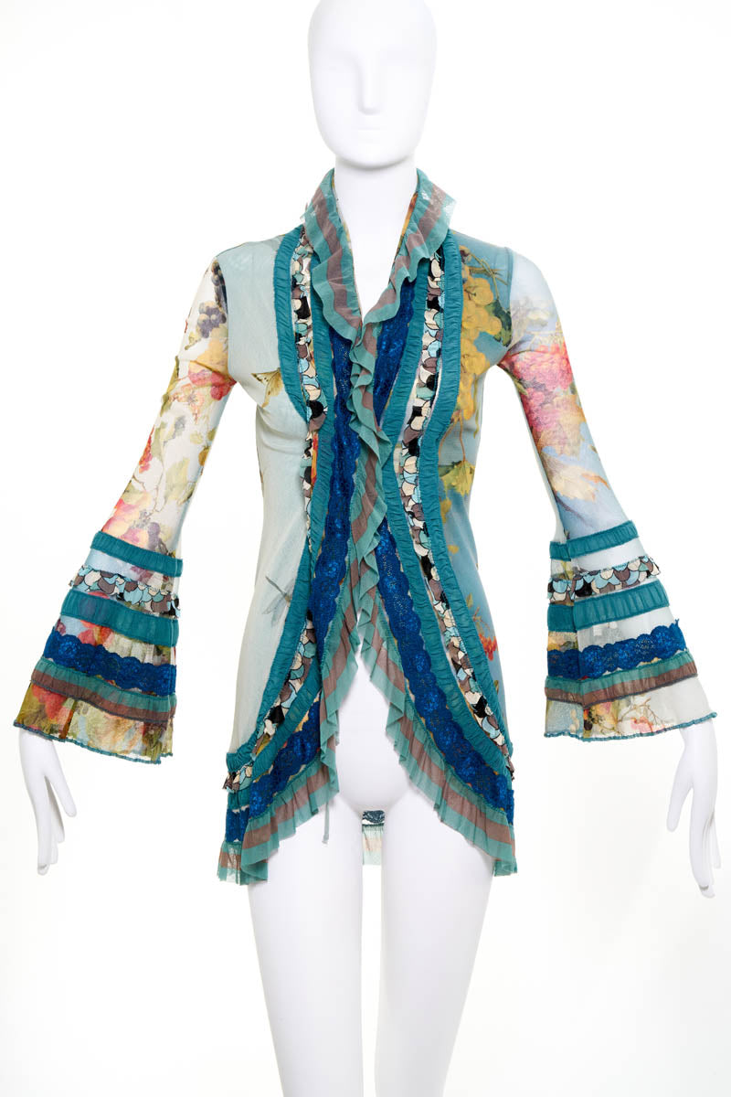 Jean Paul Gaultier  Soleil Runway Blue Butterflu Print Fuzzi Knit Ruffle Trim