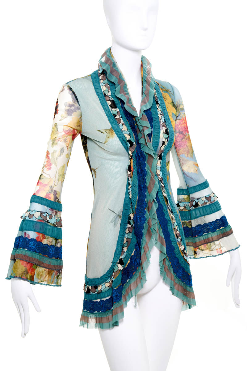 Jean Paul Gaultier  Soleil Runway Blue Butterflu Print Fuzzi Knit Ruffle Trim