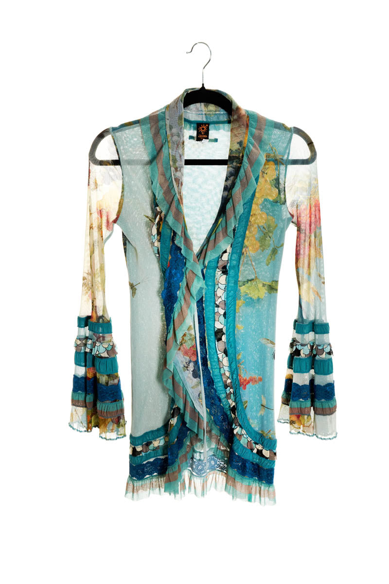Jean Paul Gaultier  Soleil Runway Blue Butterflu Print Fuzzi Knit Ruffle Trim