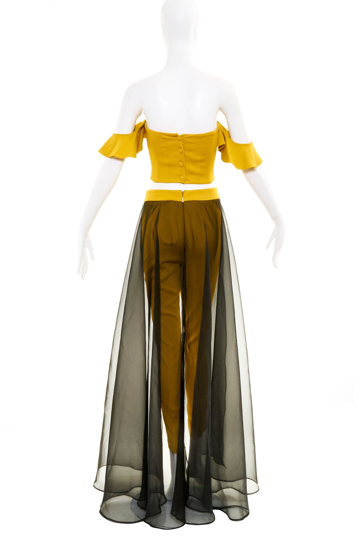 John Paul Ataker 2 Piece Pant Crop-Top Mustard With Black Mesh Accents Size 40