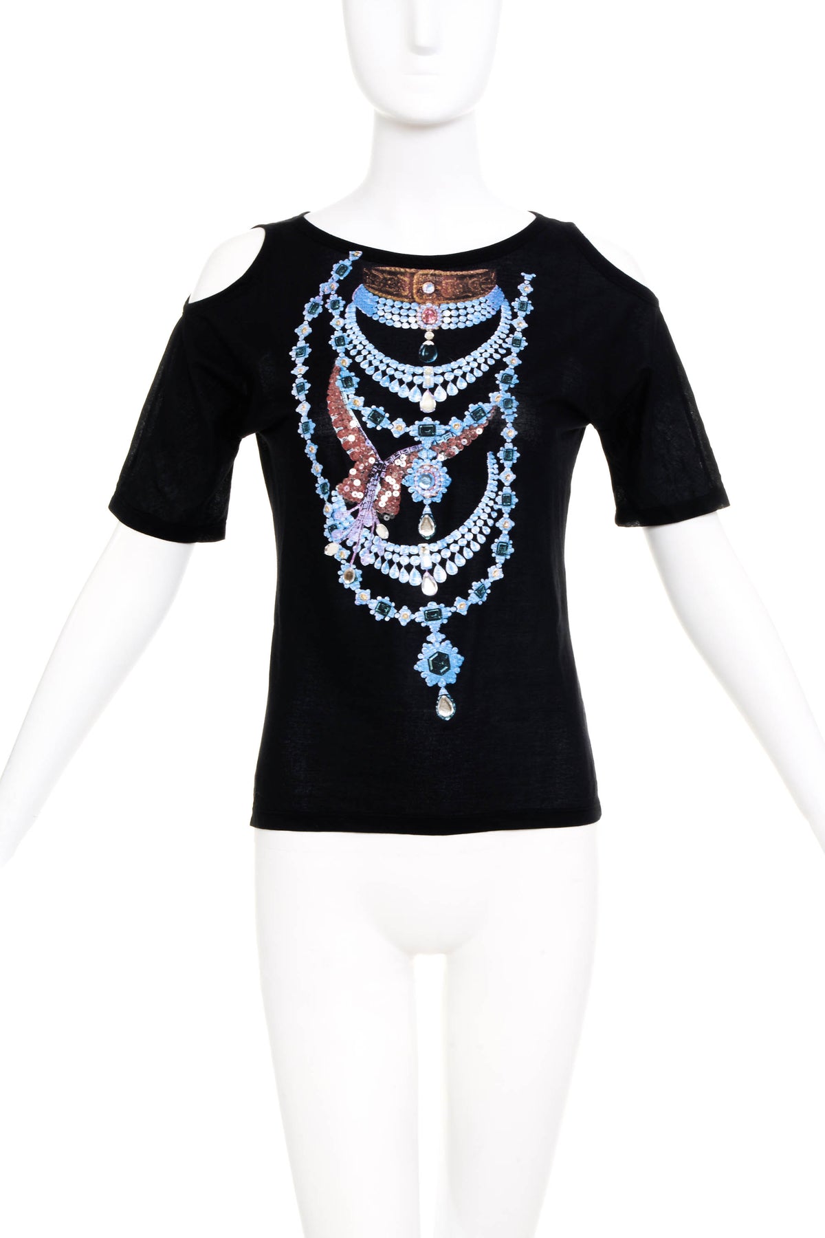 Just Cavalli Black Jewel Necklace Print Cutout Shoulder Shirt Y2K