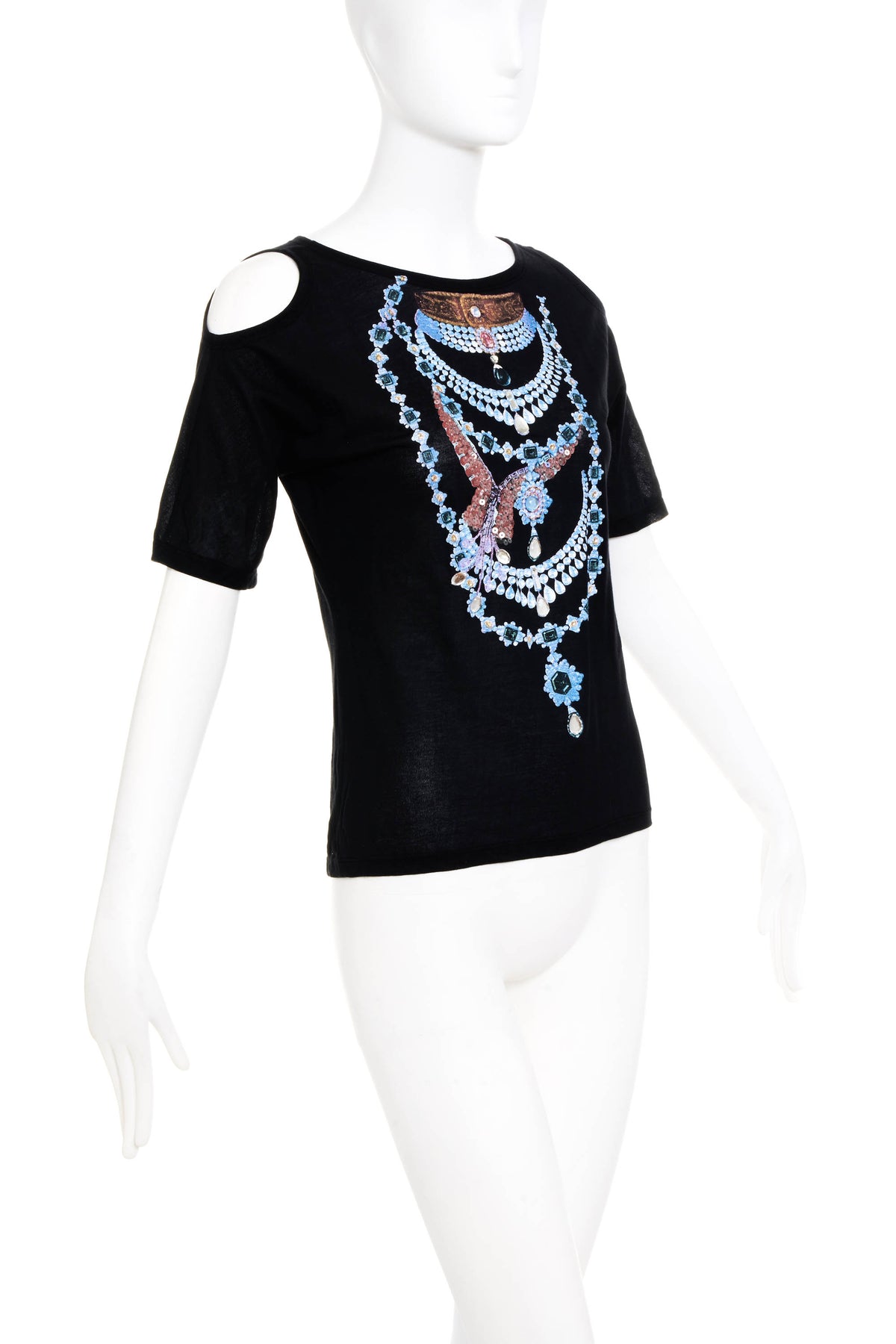 Just Cavalli Black Jewel Necklace Print Cutout Shoulder Shirt Y2K