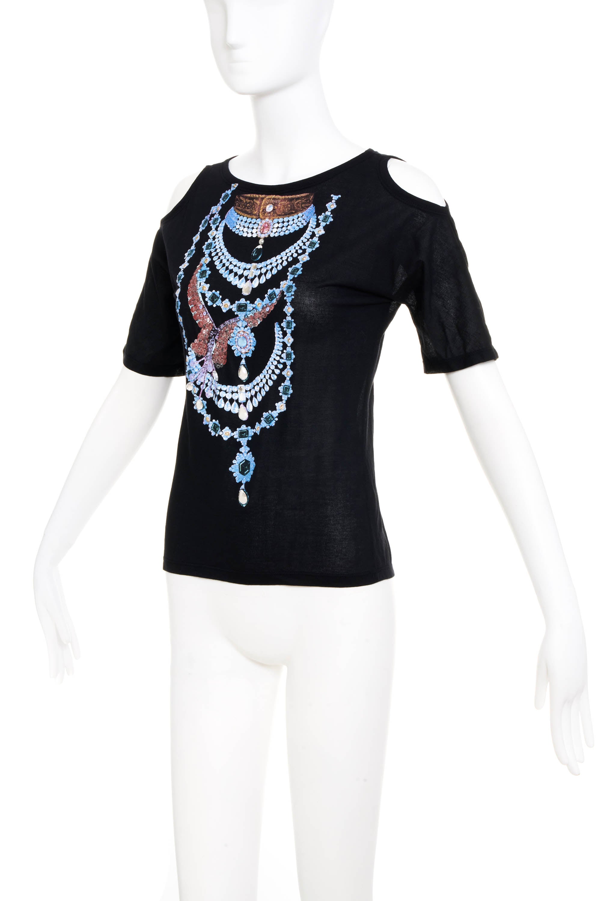 Just Cavalli Black Jewel Necklace Print Cutout Shoulder Shirt Y2K