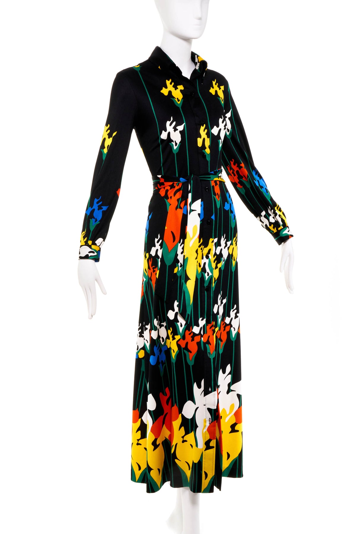 Lanvin Vintage 1970&#39;s Floral Print Belted Shirt Dress Size 10/6