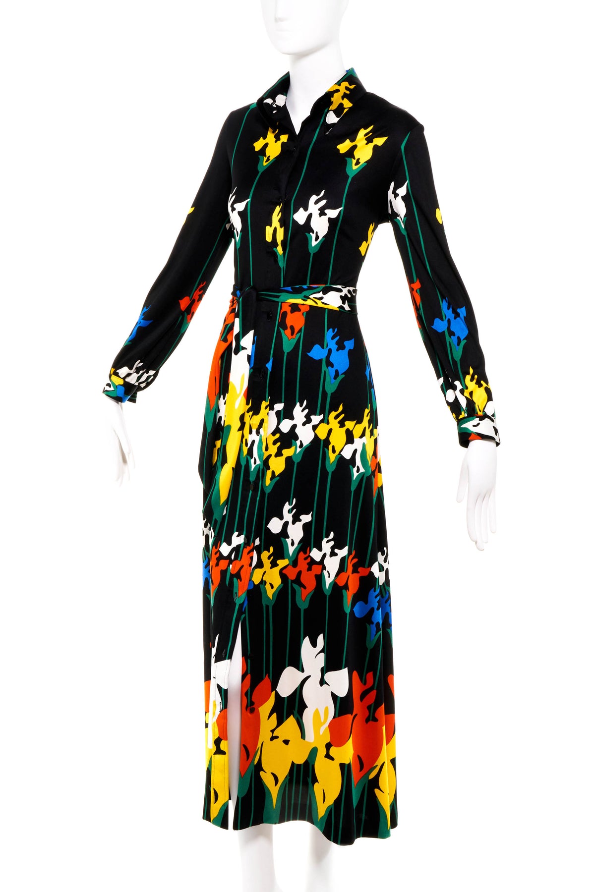 Lanvin Vintage 1970&#39;s Floral Print Belted Shirt Dress Size 10/6