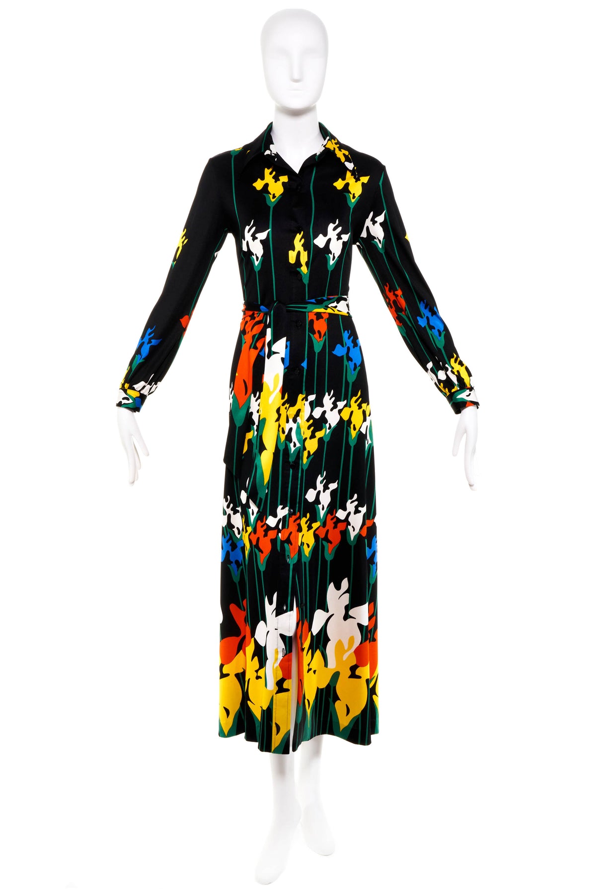 Lanvin Vintage 1970&#39;s Floral Print Belted Shirt Dress Size 10/6