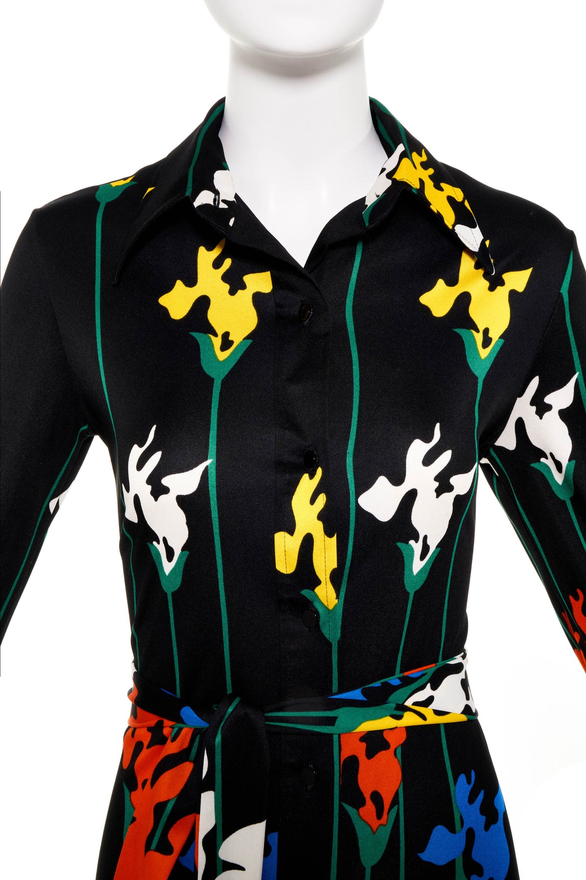 Lanvin Vintage 1970&#39;s Floral Print Belted Shirt Dress Size 10/6