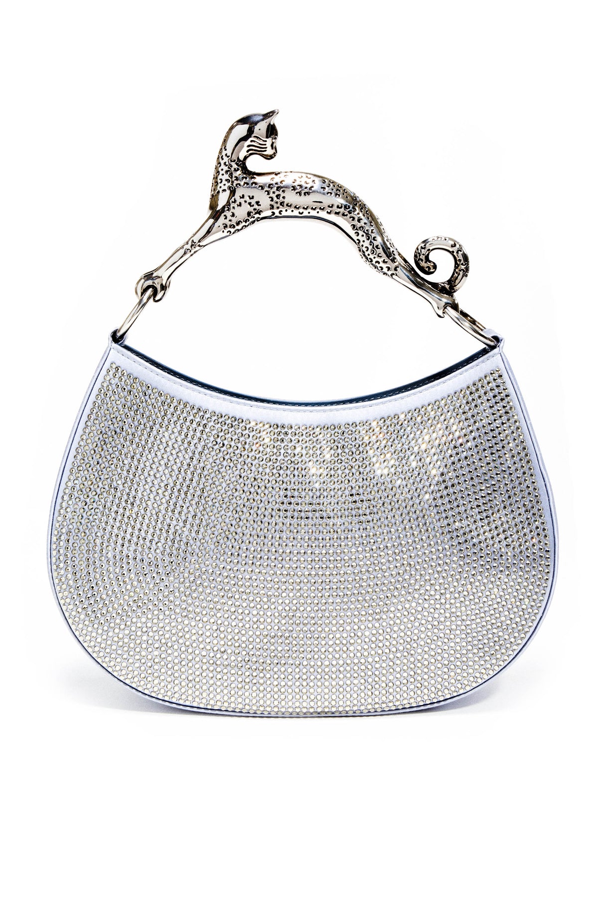 Lanvin Silver Satin Crystal Cat Handled Medium Hobo Purse