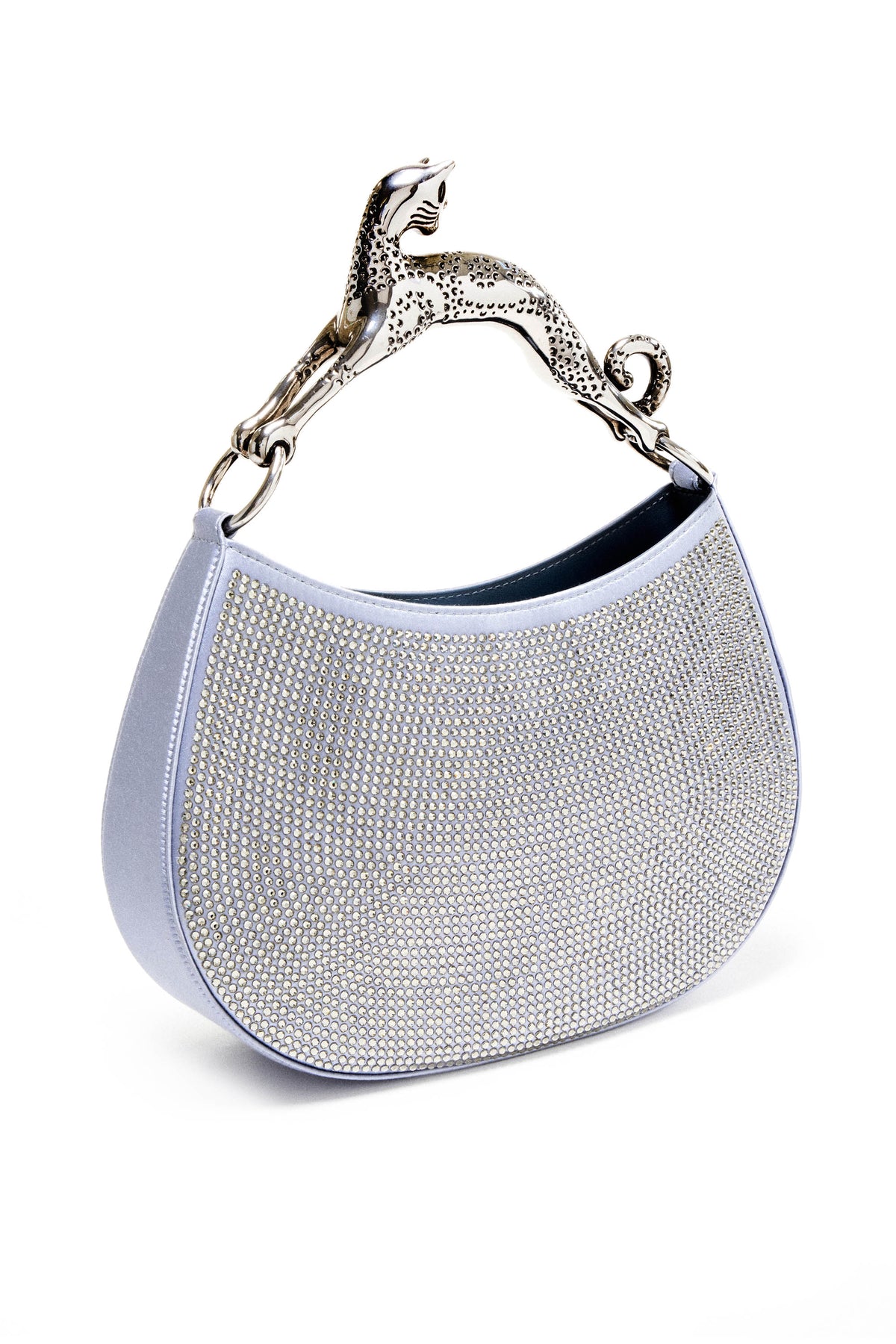 Lanvin Silver Satin Crystal Cat Handled Medium Hobo Purse