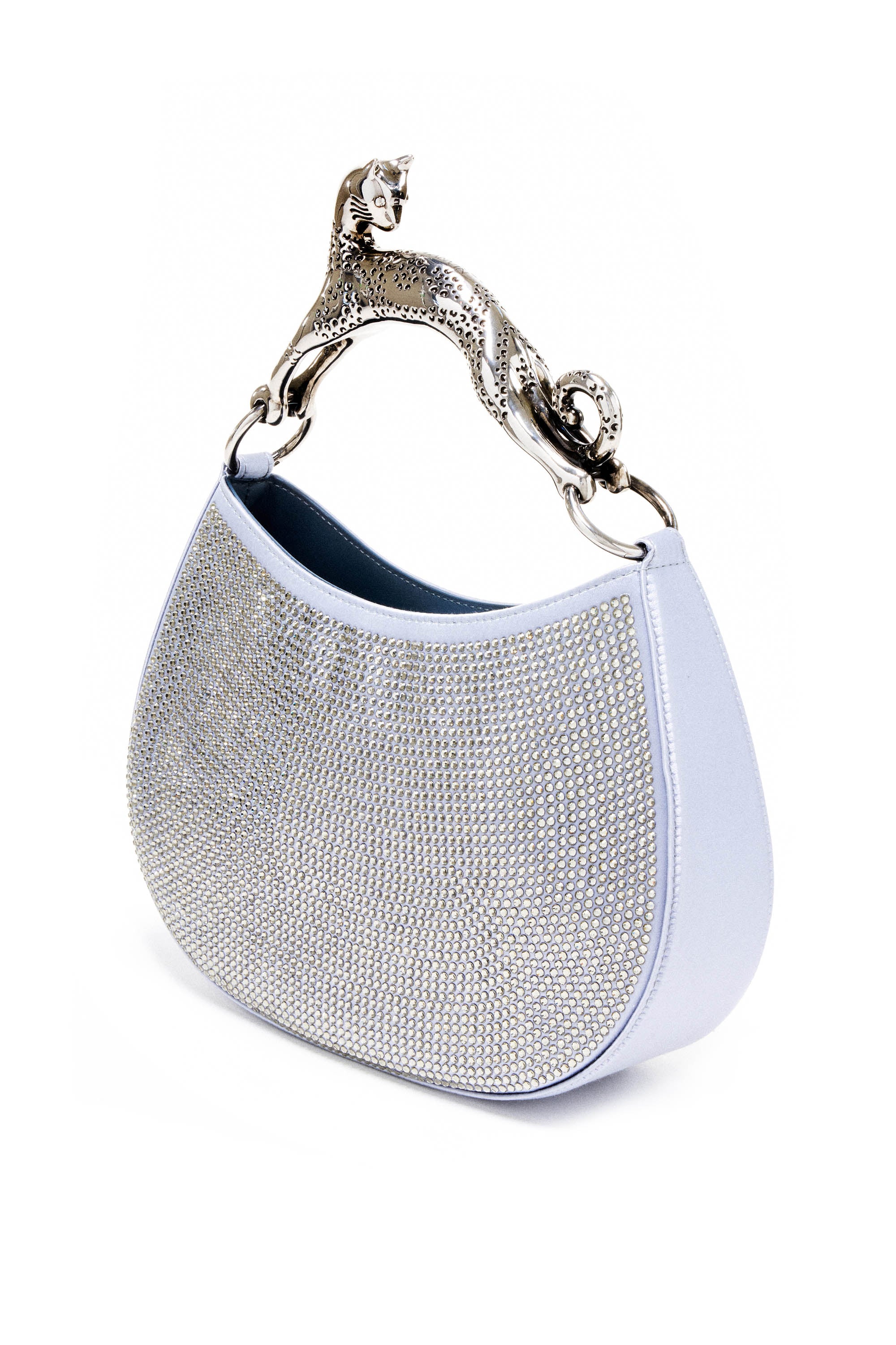 Lanvin Silver Satin Crystal Cat Handled Medium Hobo Purse