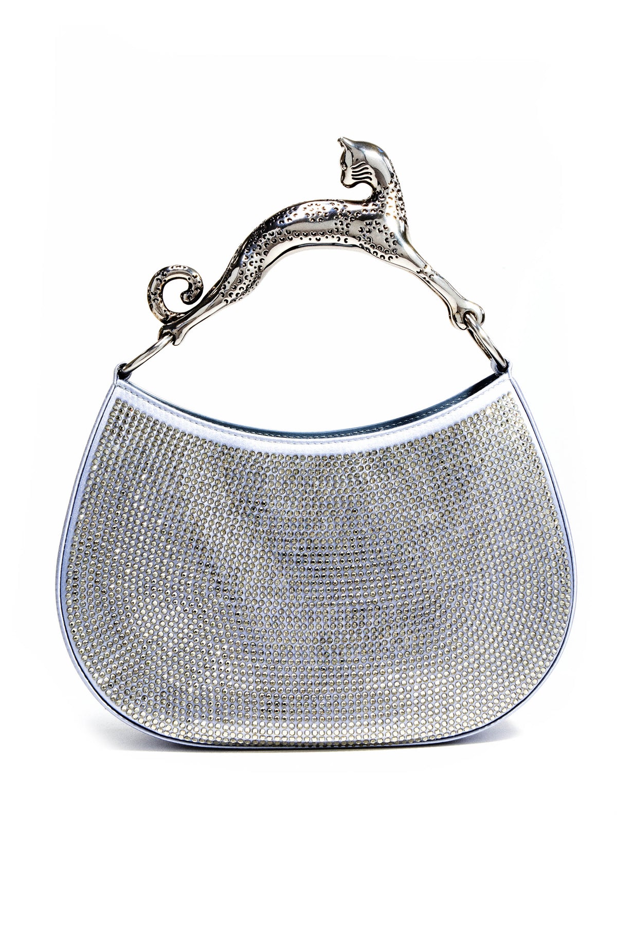 Lanvin Silver Satin Crystal Cat Handled Medium Hobo Purse