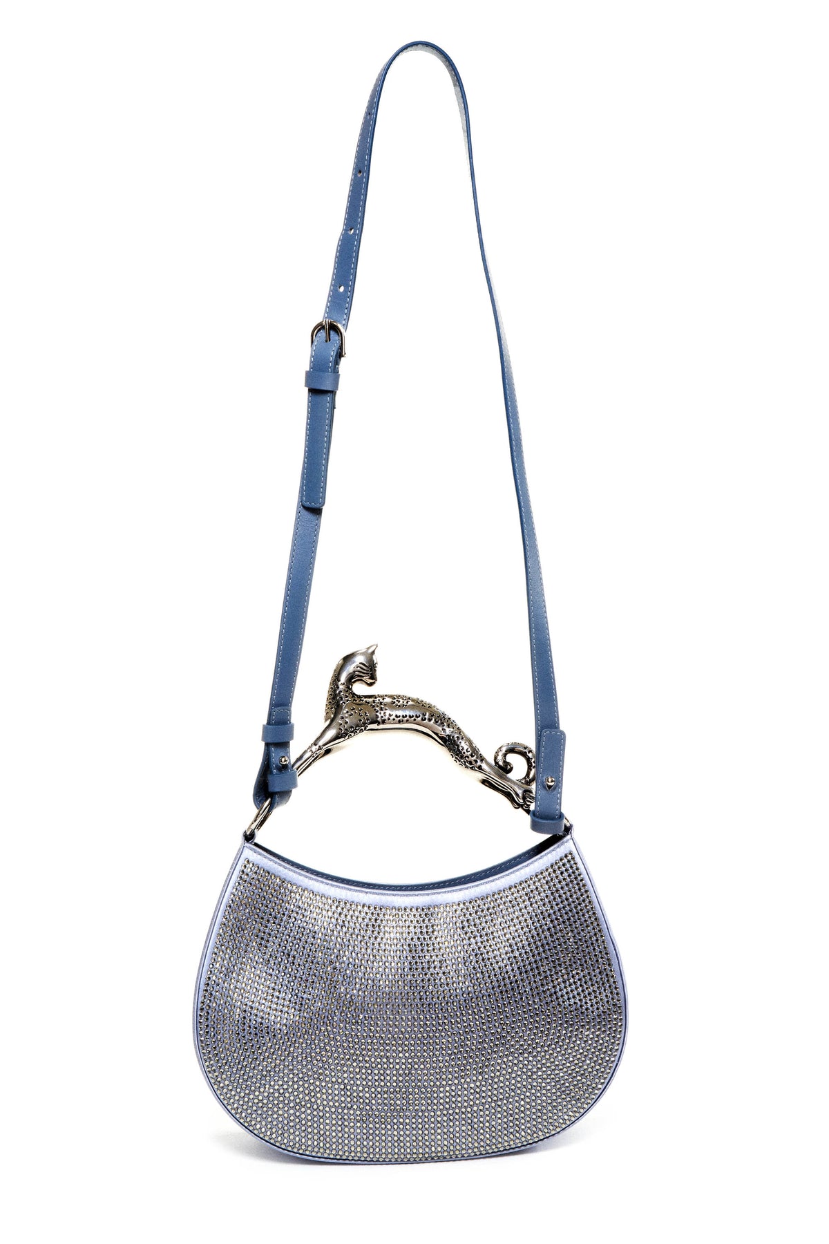 Lanvin Silver Satin Crystal Cat Handled Medium Hobo Purse