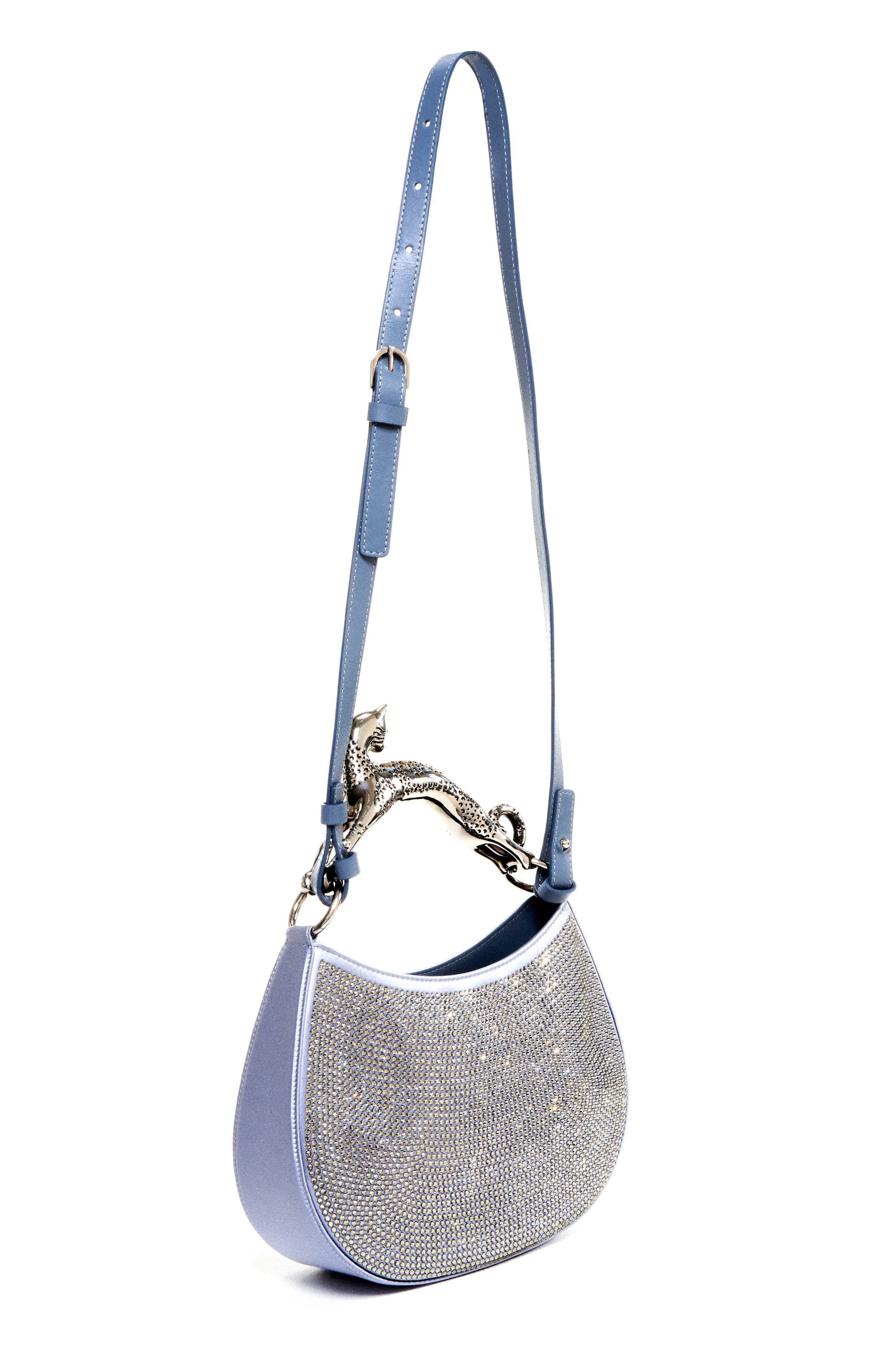 Lanvin Silver Satin Crystal Cat Handled Medium Hobo Purse