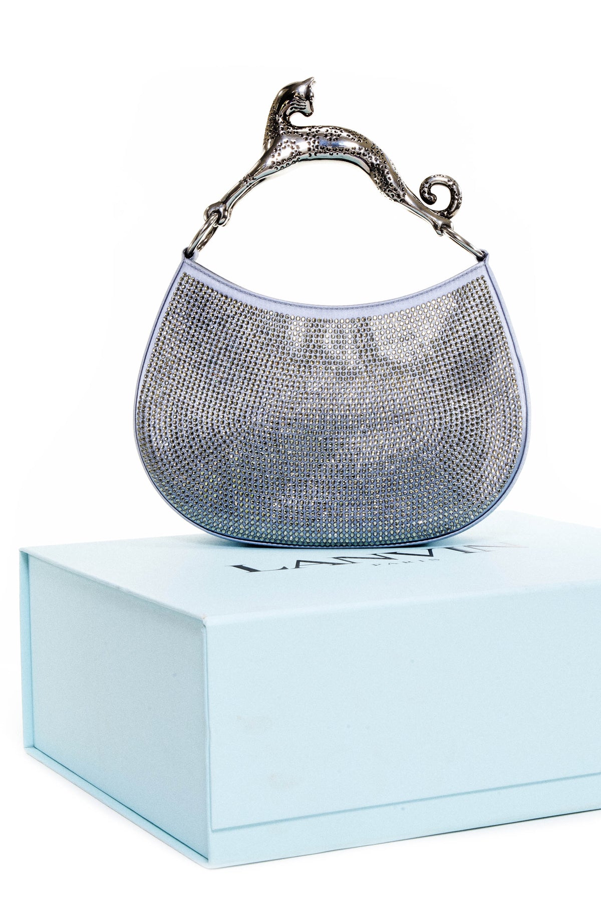 Lanvin Silver Satin Crystal Cat Handled Medium Hobo Purse