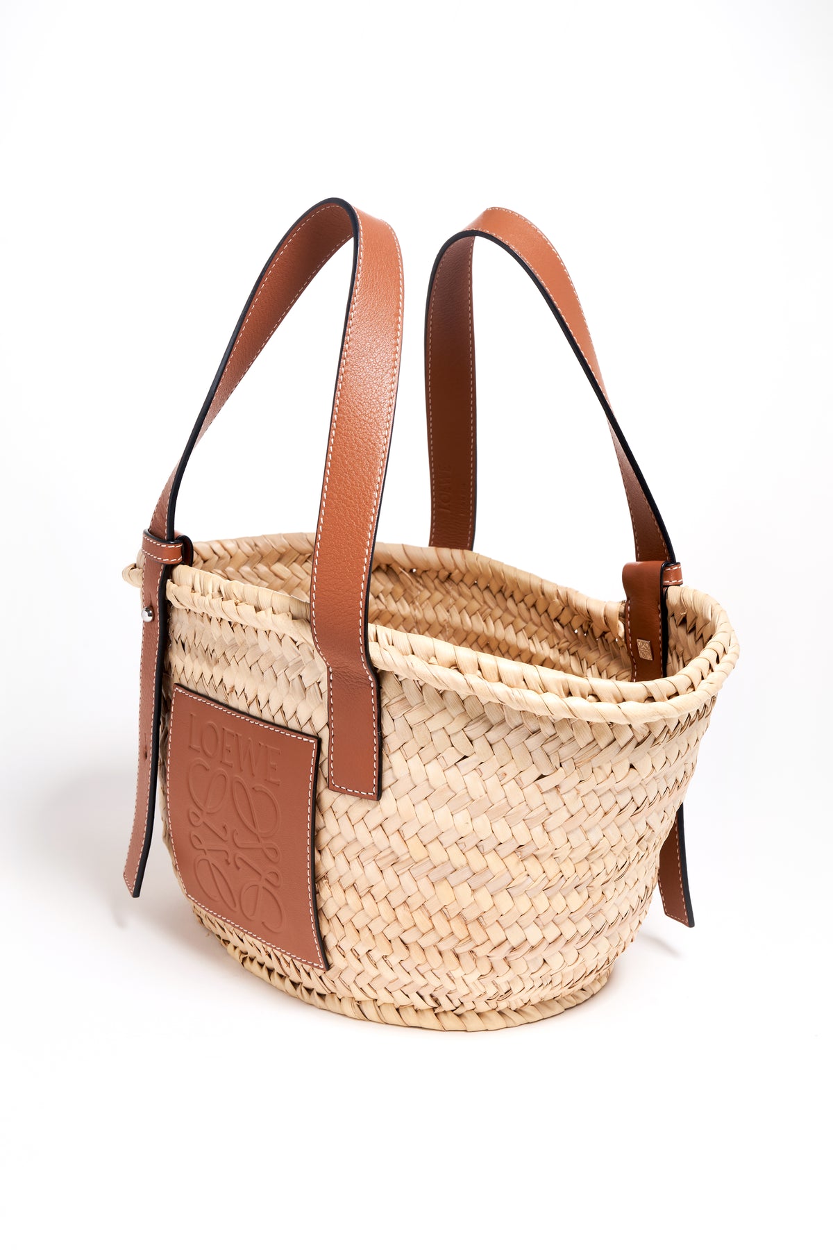 Loewe Small Leather Trim Woven Raffia Tote