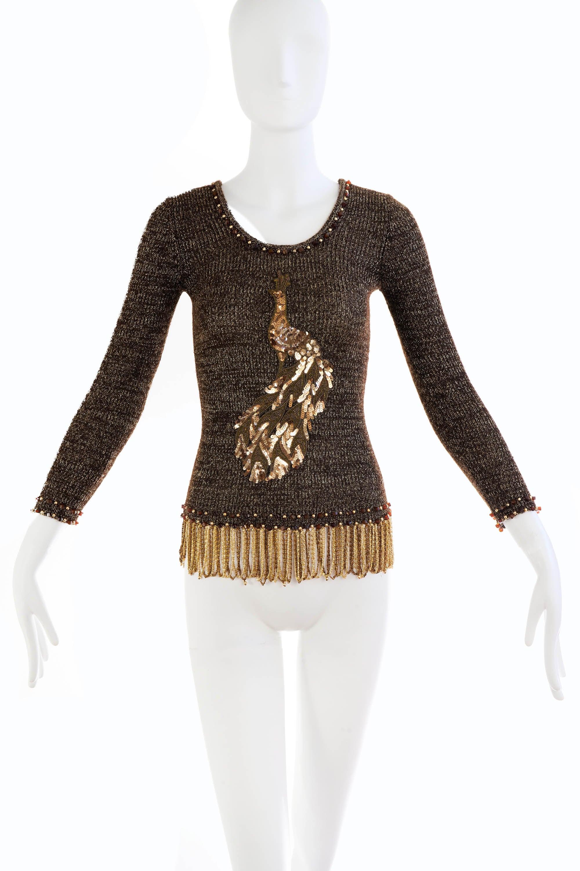 Loris Azzaro Peacock Lurex Knit Brown Beaded Chain