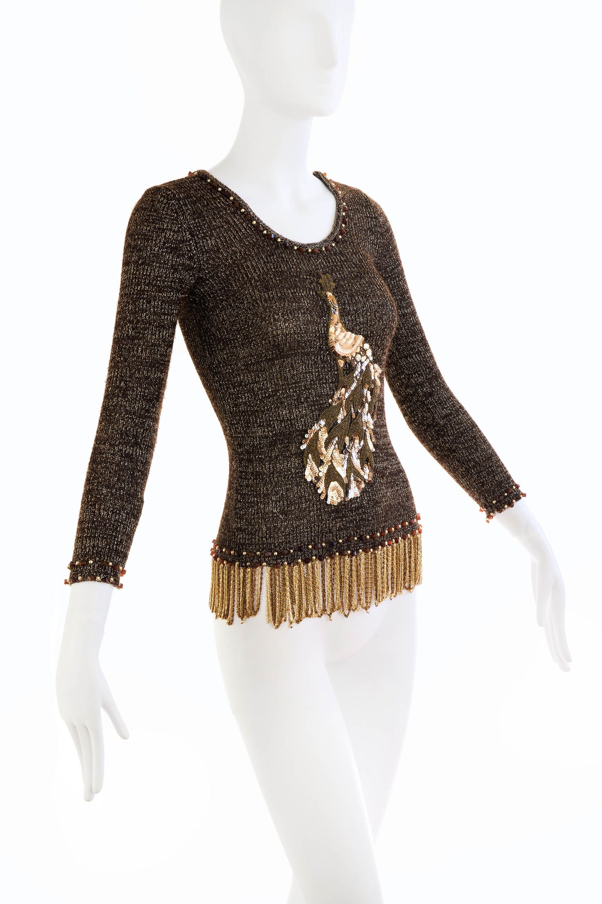 Loris Azzaro Peacock Lurex Knit Brown Beaded Chain