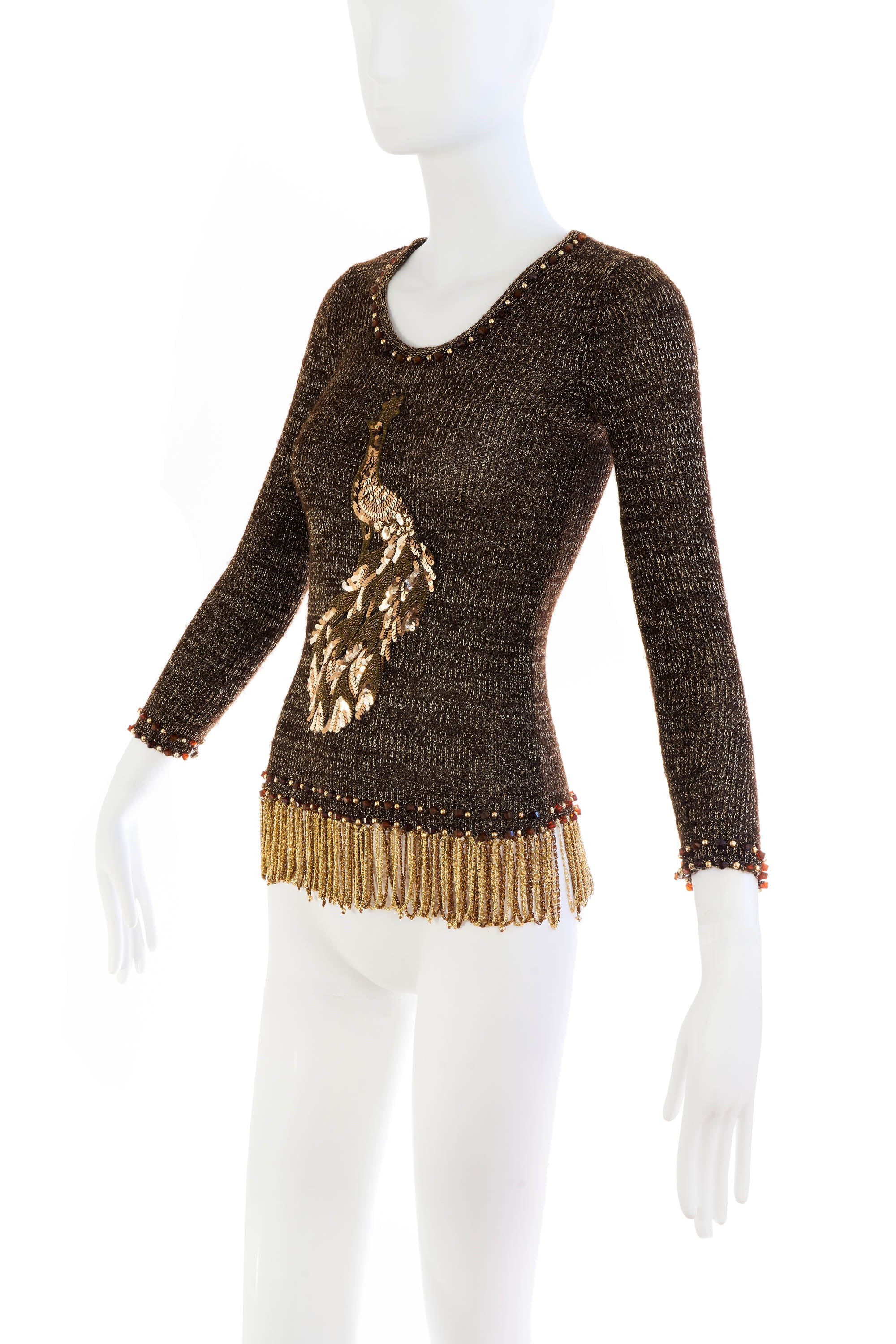 Loris Azzaro Peacock Lurex Knit Brown Beaded Chain