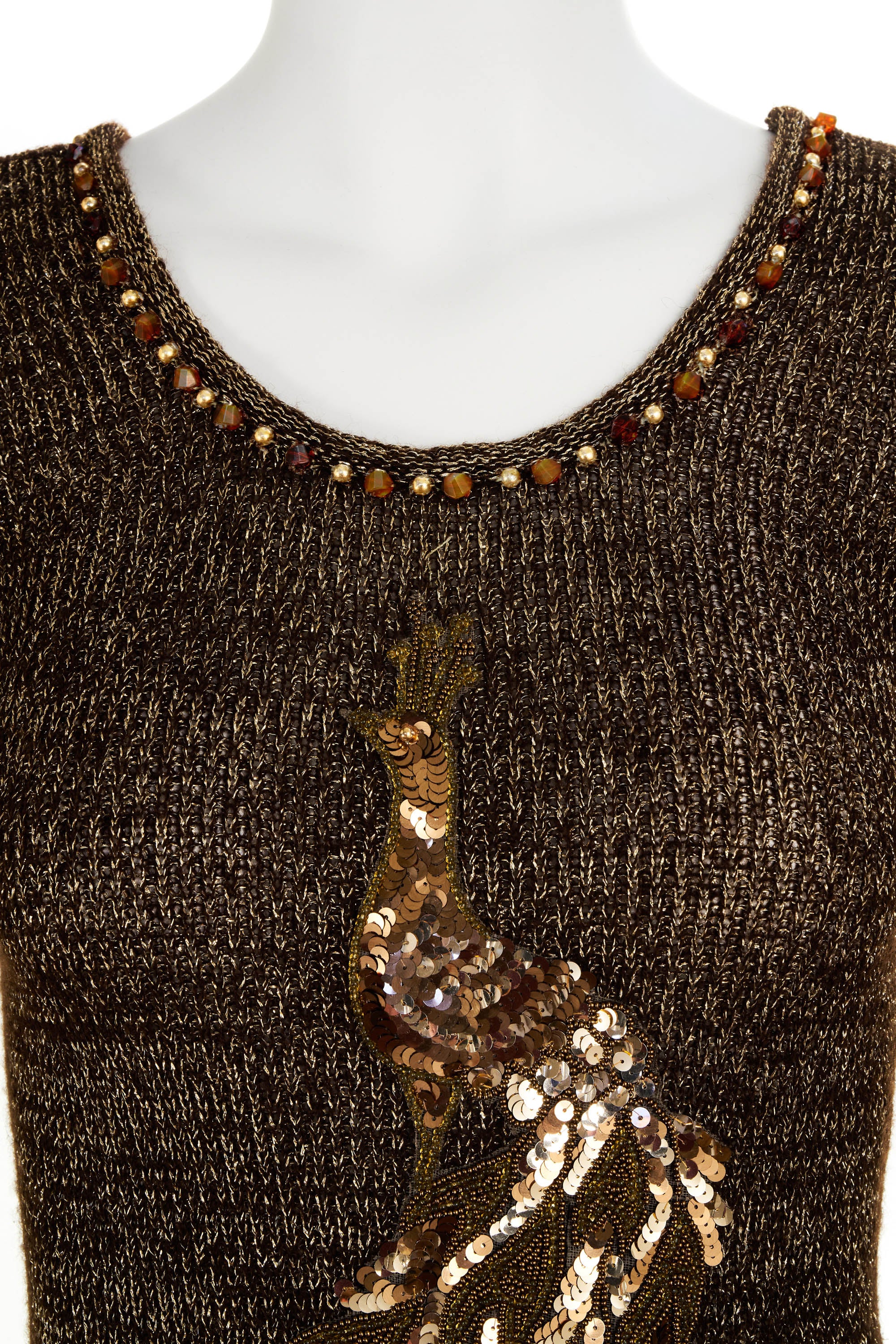 Loris Azzaro Peacock Lurex Knit Brown Beaded Chain