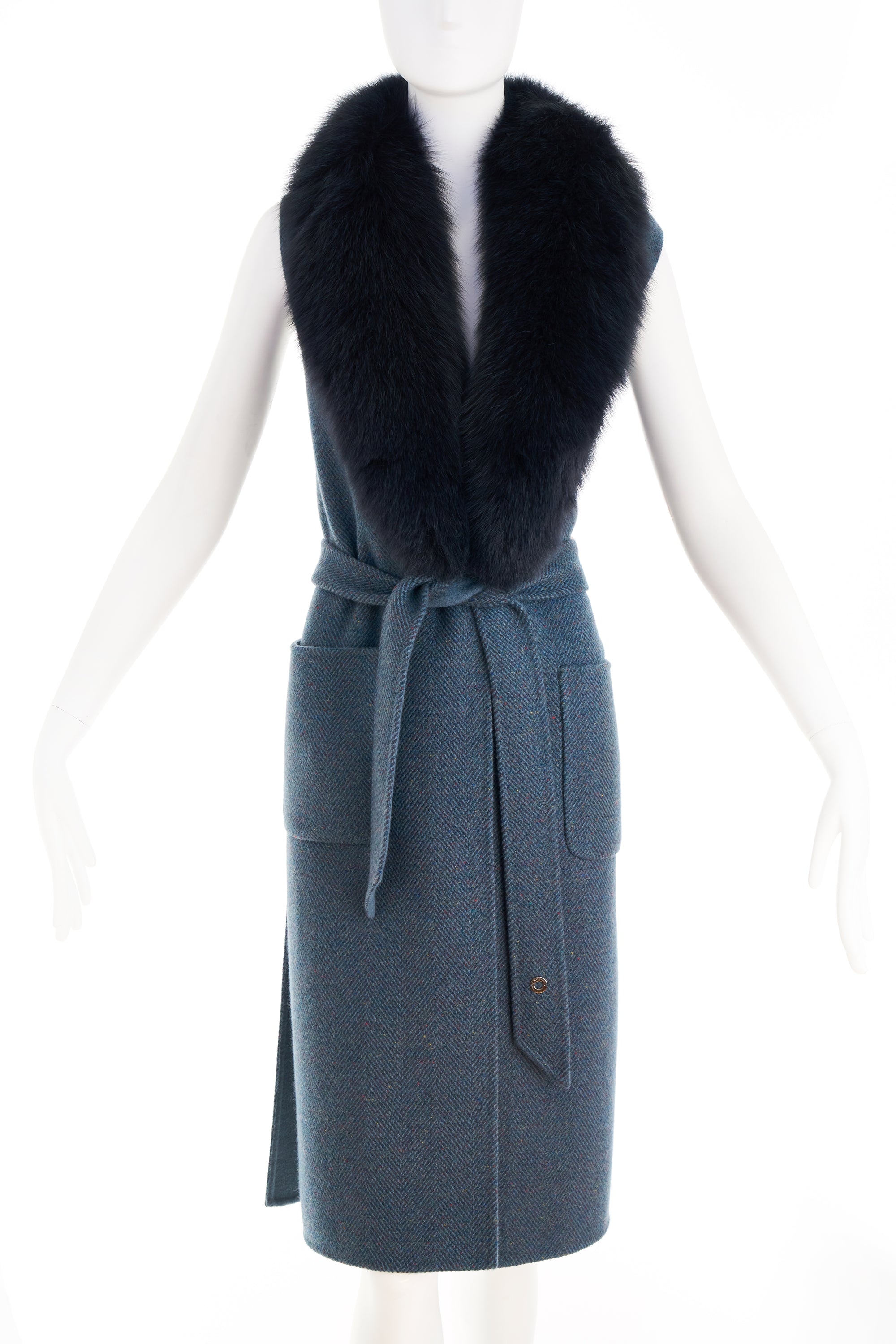 Loro Piana Blue Flame Stitch Sleeveless Cashmere Coat With Faux Fur Collar Size M