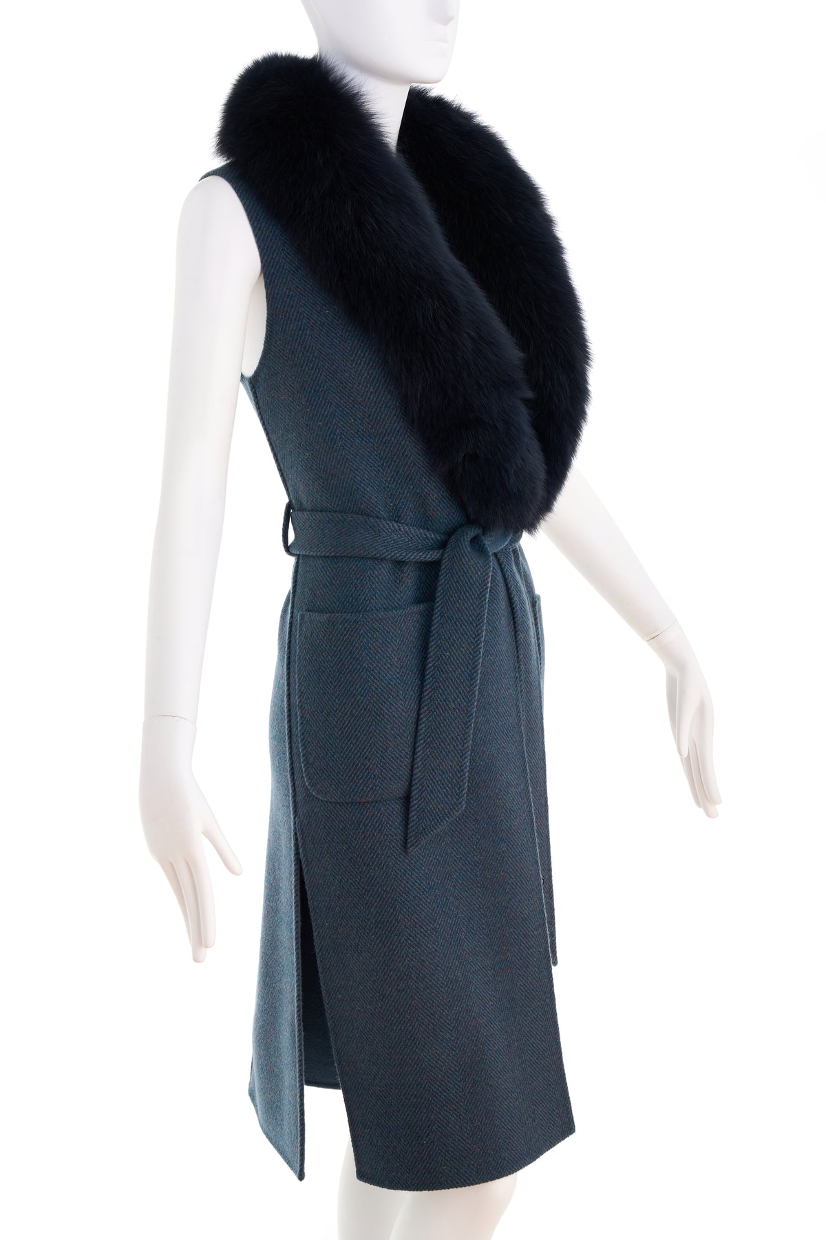 Loro Piana Blue Flame Stitch Sleeveless Cashmere Coat With Faux Fur Collar Size M