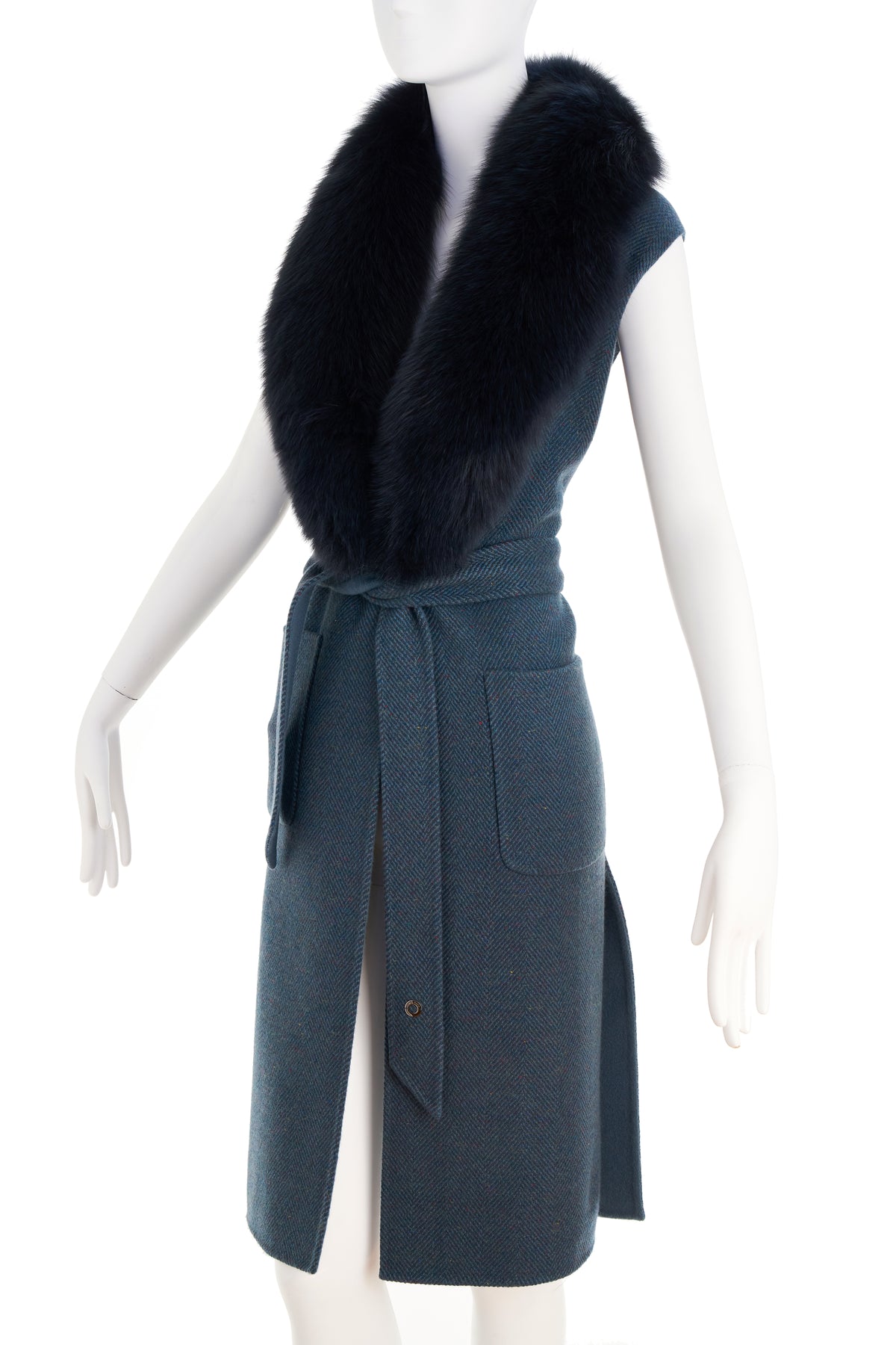 Loro Piana Blue Flame Stitch Sleeveless Cashmere Coat With Faux Fur Collar Size M