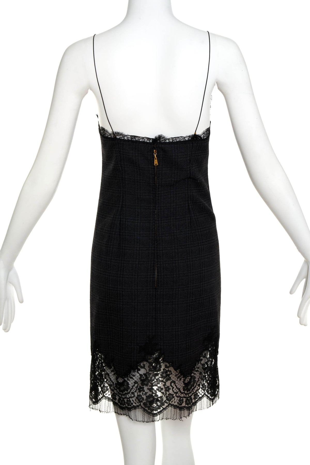 Louis Vuitton Marc Jacobs Black and Grey Plaid and Lace Trim Dress Size 38