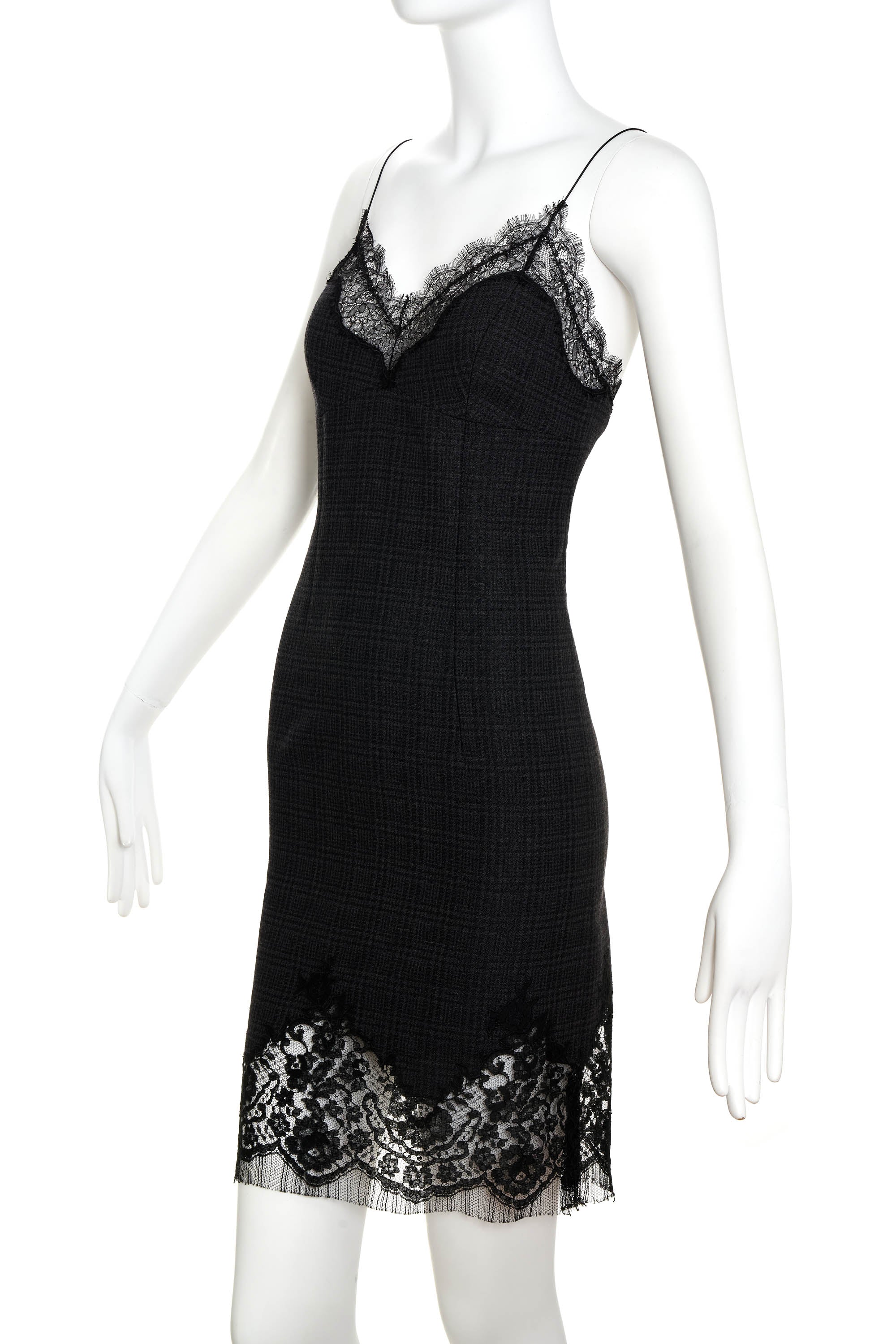 Louis Vuitton Marc Jacobs Black and Grey Plaid and Lace Trim Dress Size 38