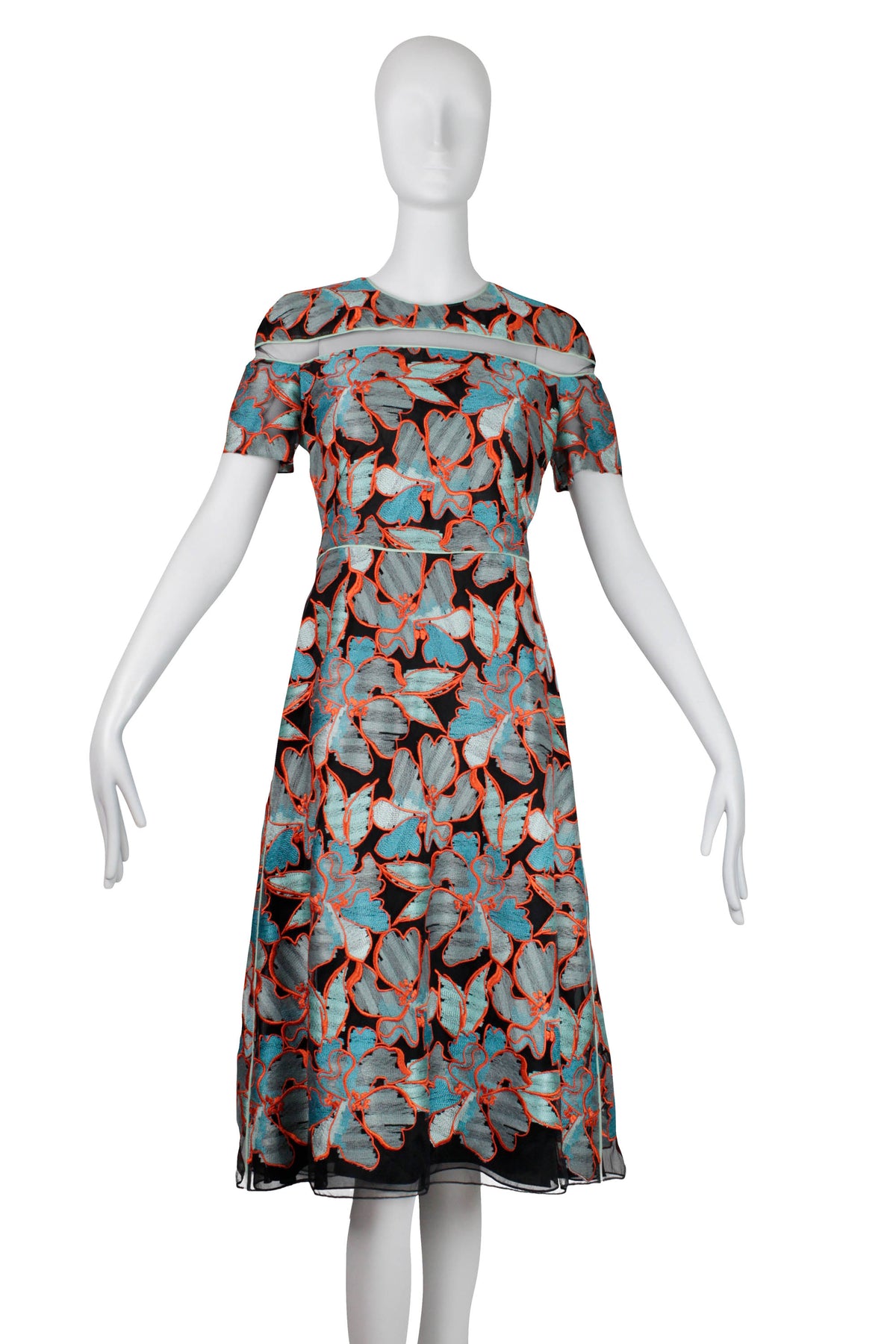 Fendi Turquoise Black and Orange Ember Short Sleeve Midi Dress Size 42